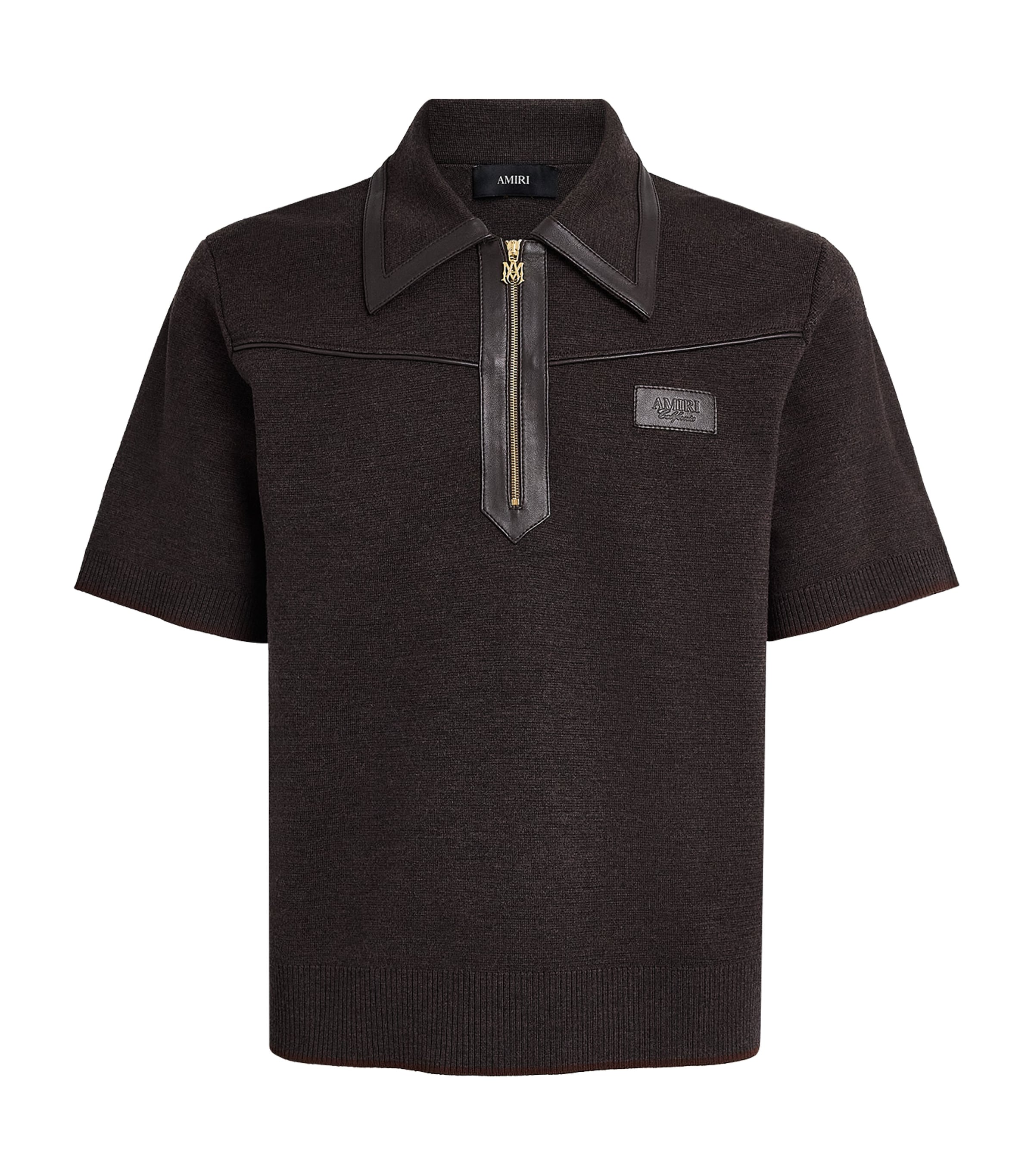 AMIRI Mens Wool Leather-Trim Zip Polo Shirt Husk