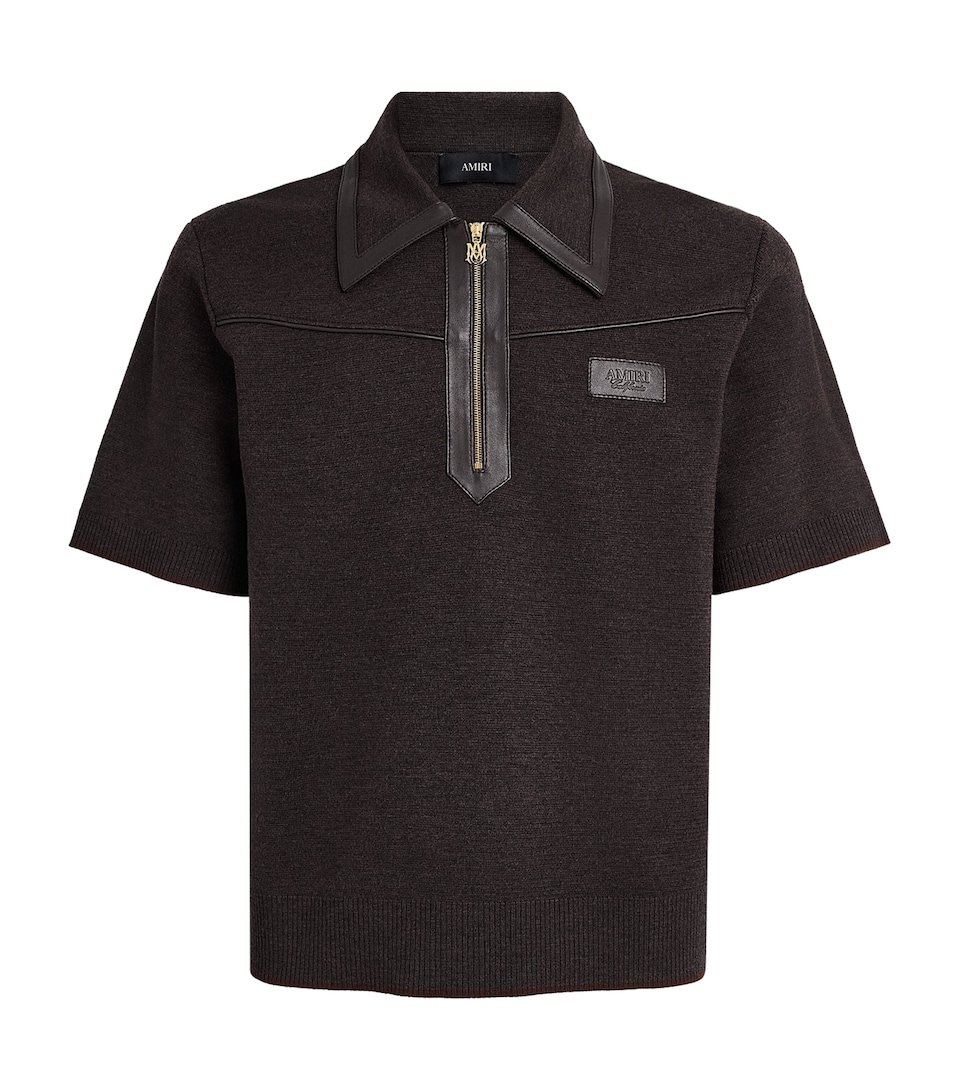 AMIRI Mens Wool Leather-Trim Zip Polo Shirt Husk