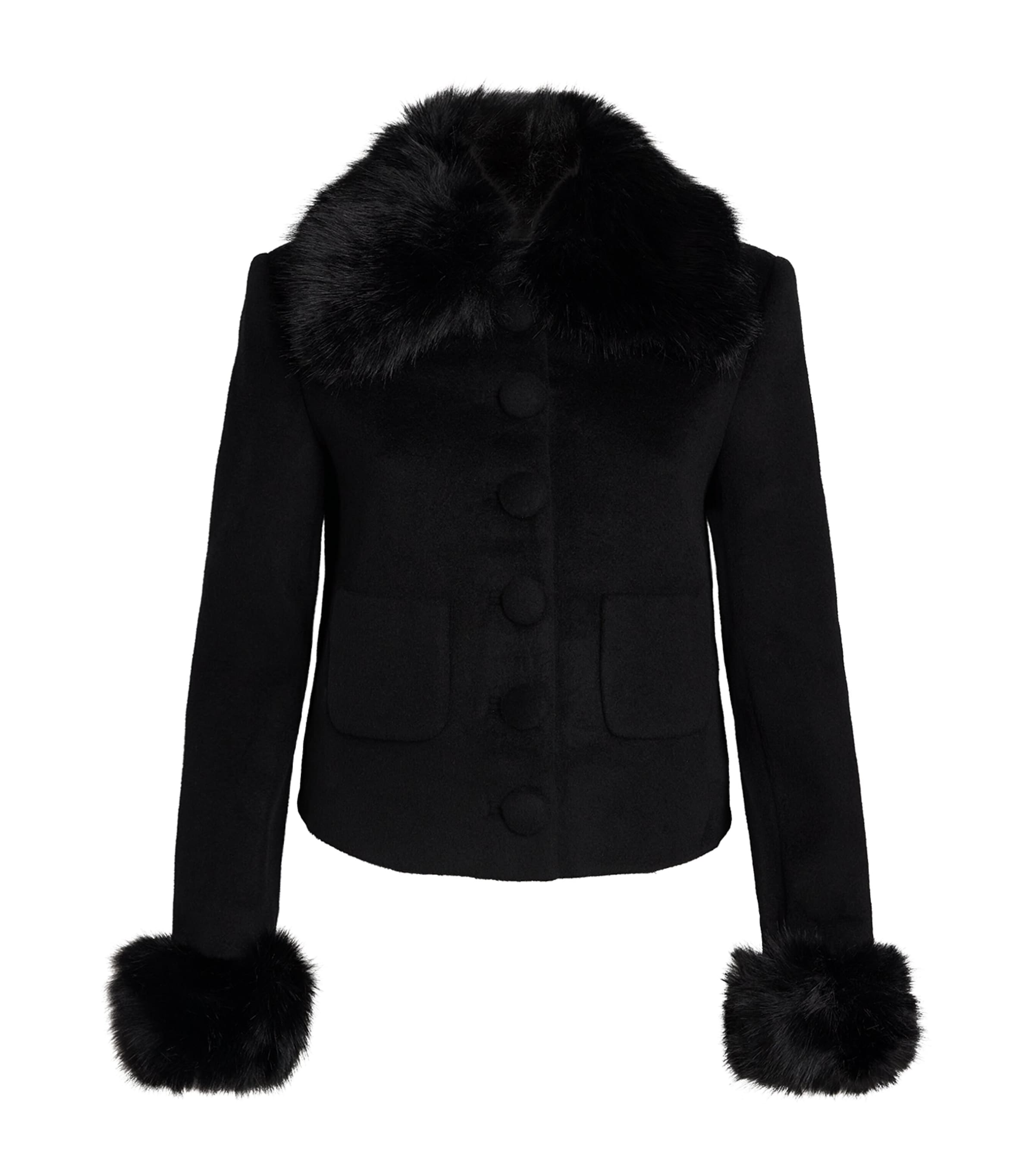 Self-Portrait Womens Wool-Blend Faux Fur-Trim Jacket Black