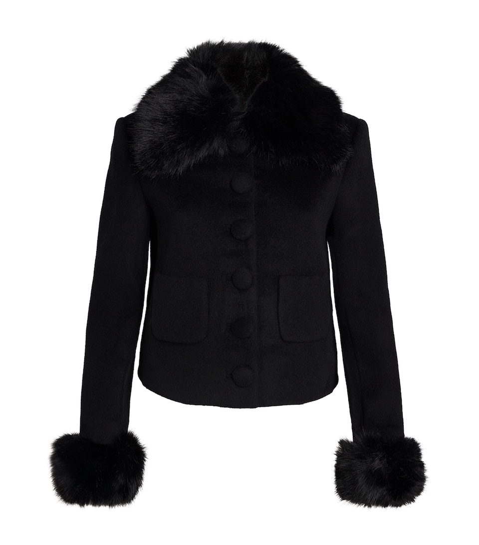 Self-Portrait Womens Wool-Blend Faux Fur-Trim Jacket Black