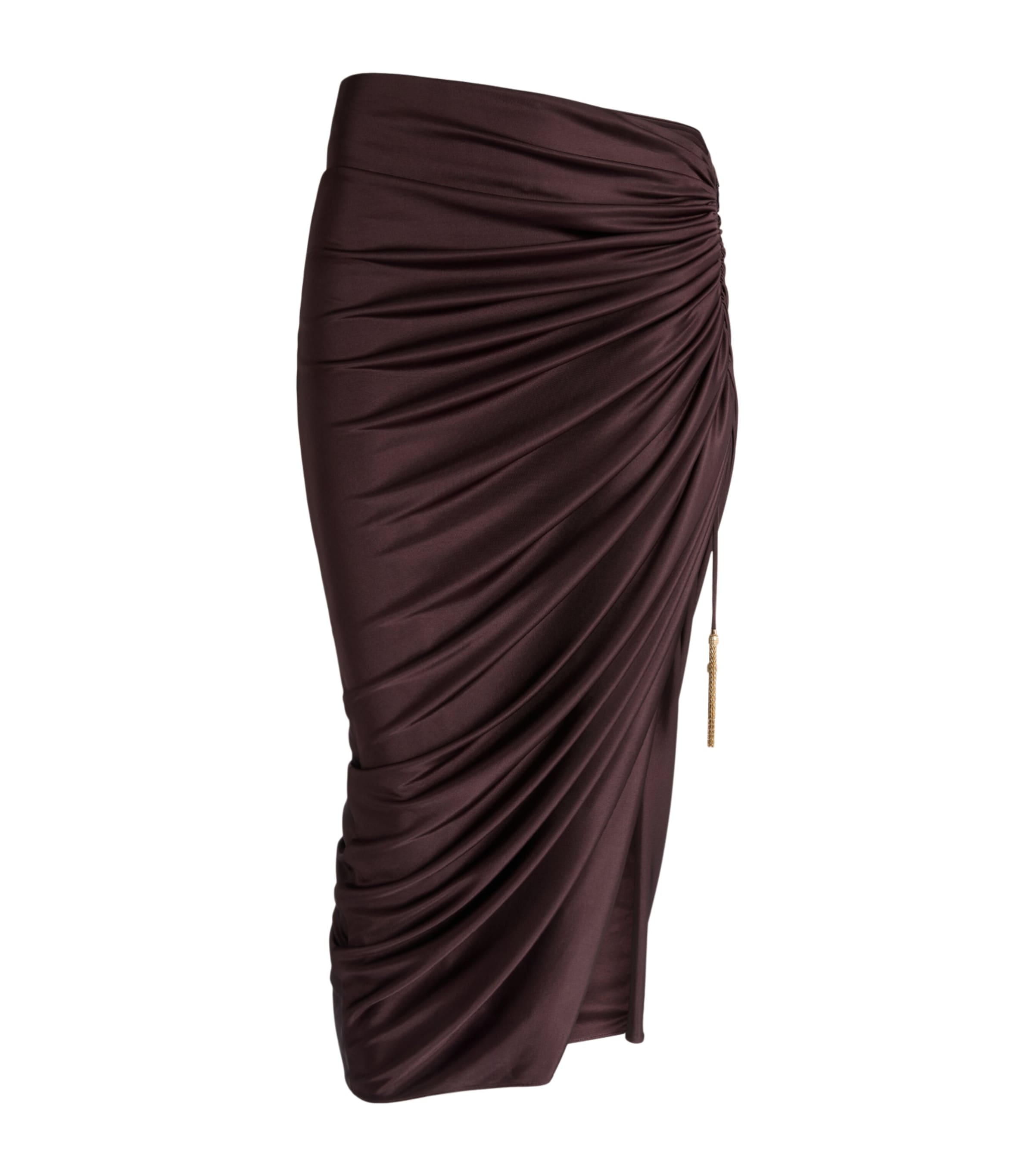 Balmain Womens Jersey Ruched Midi Skirt Brown Marron