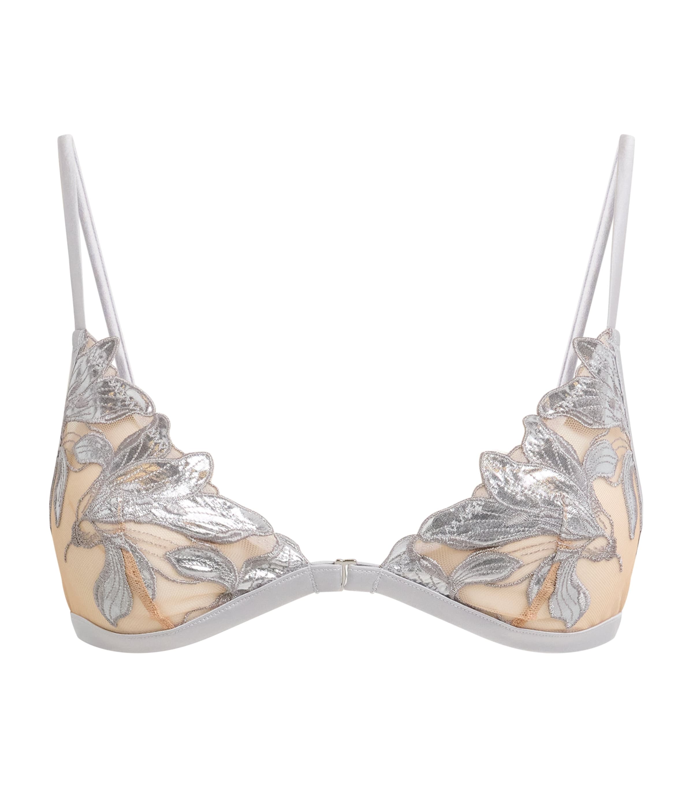 Fleur Du Mal Womens Embroidered Lily Triangle Bra Platinum