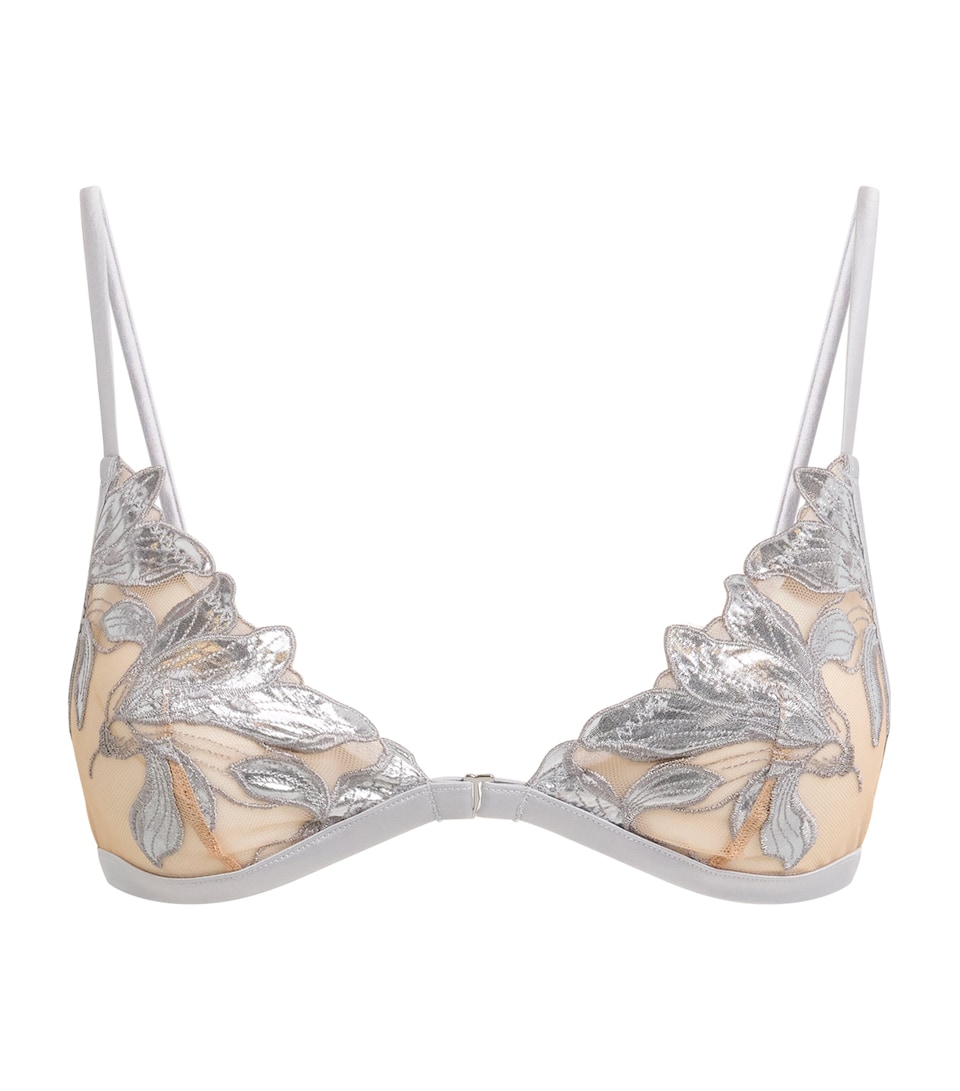 Fleur Du Mal Womens Embroidered Lily Triangle Bra Platinum