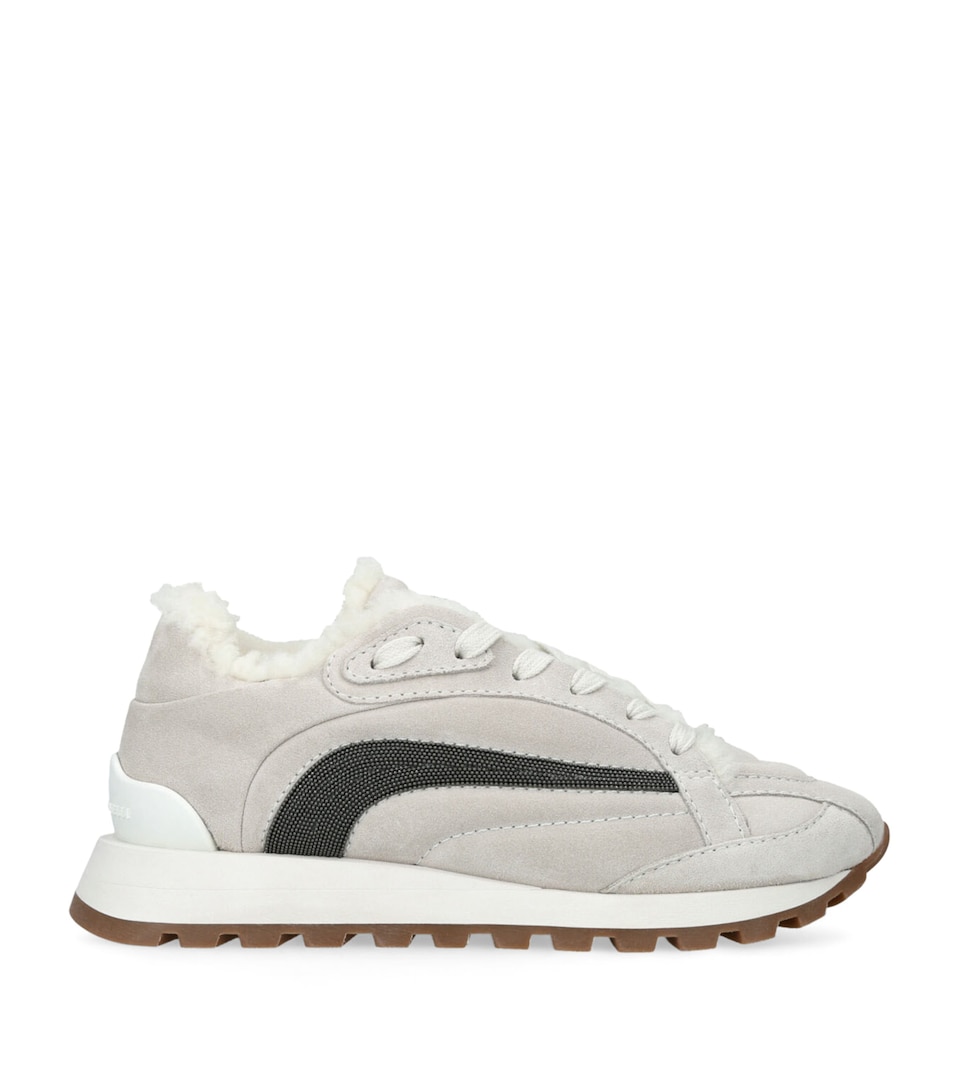 Suede Shearling-Trim Sneakers