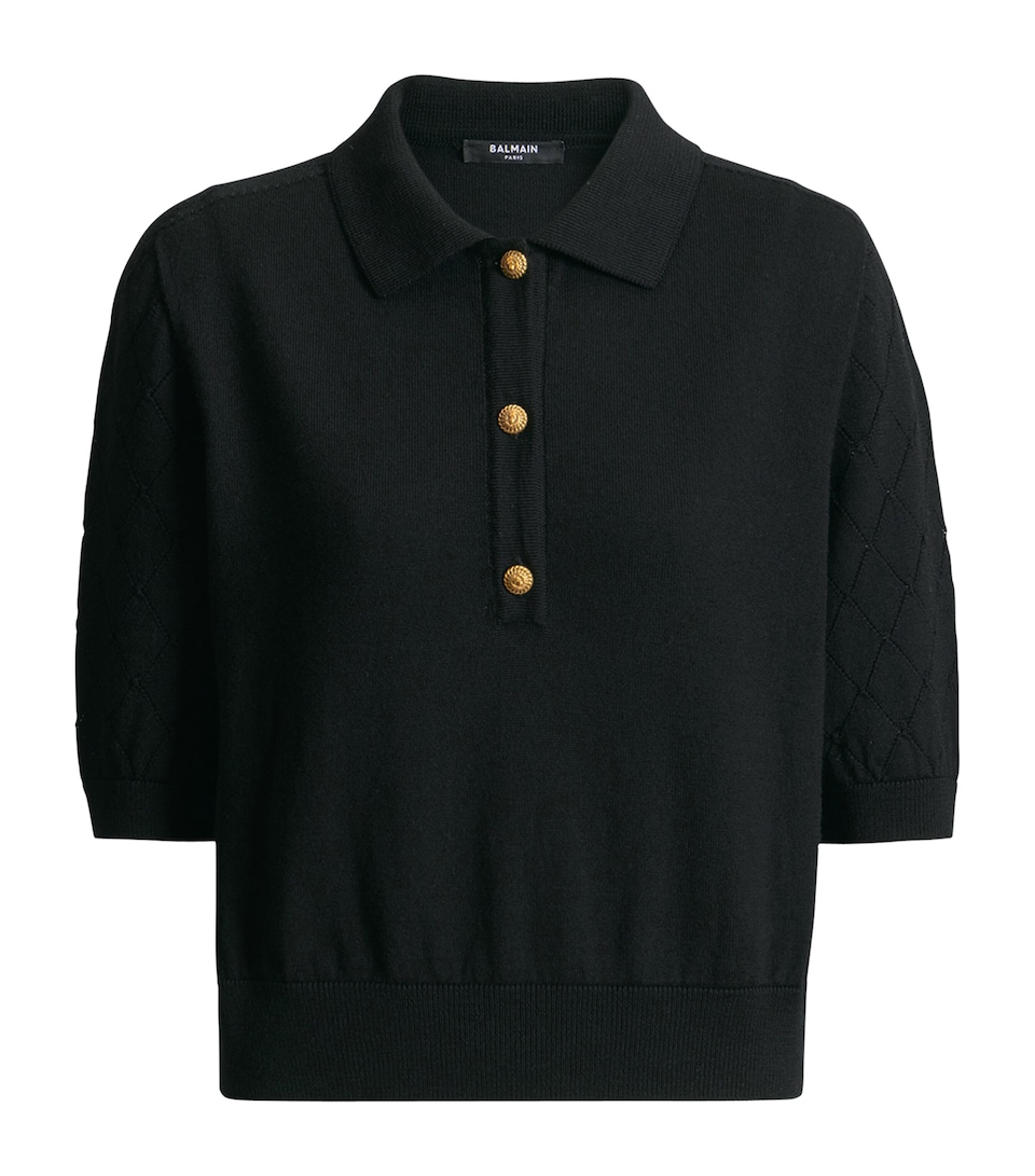 Balmain Womens Merino Wool Openwork Crop Polo Shirt Noir