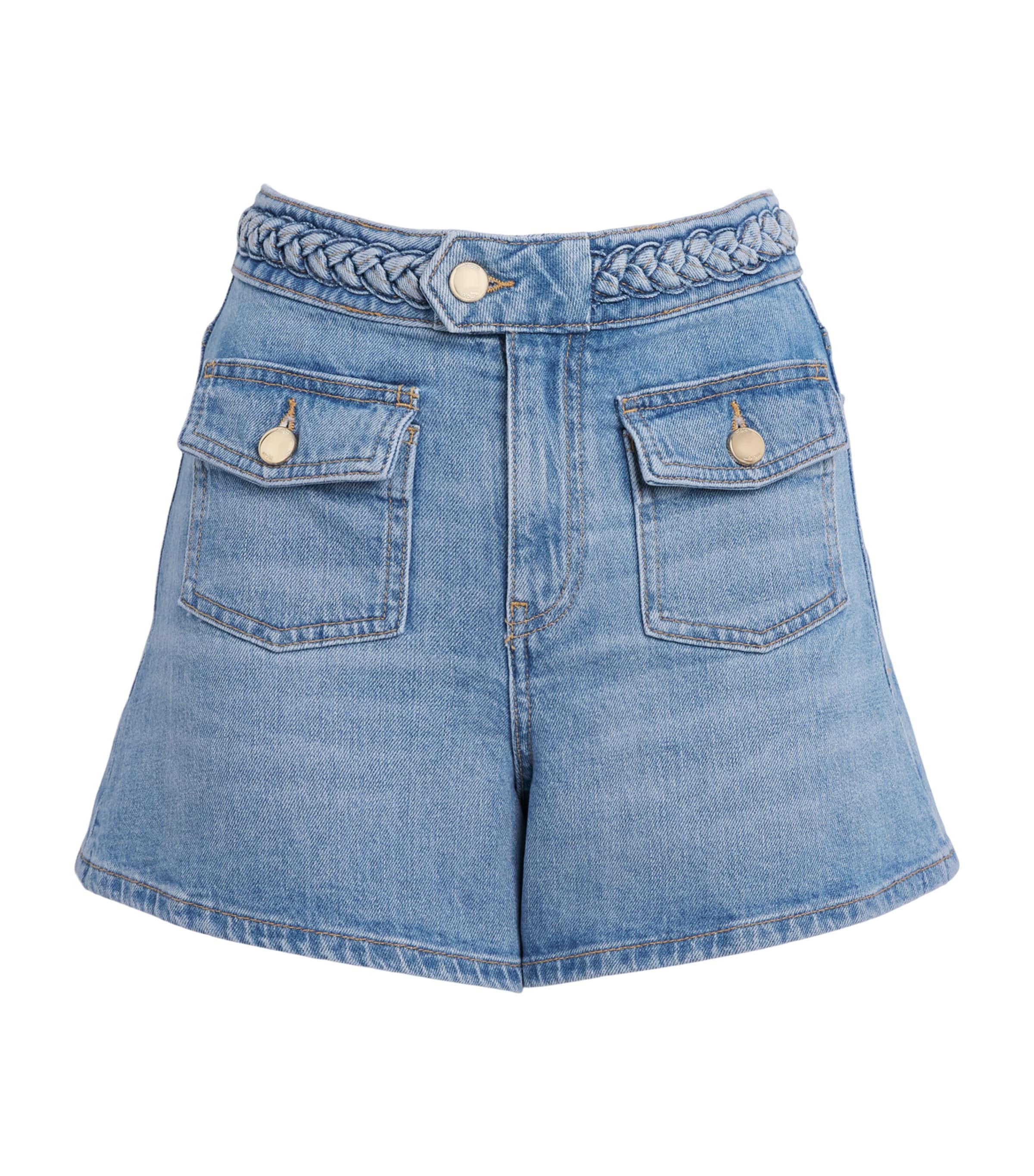 Maje Womens Braided Flared Denim Shorts Blue