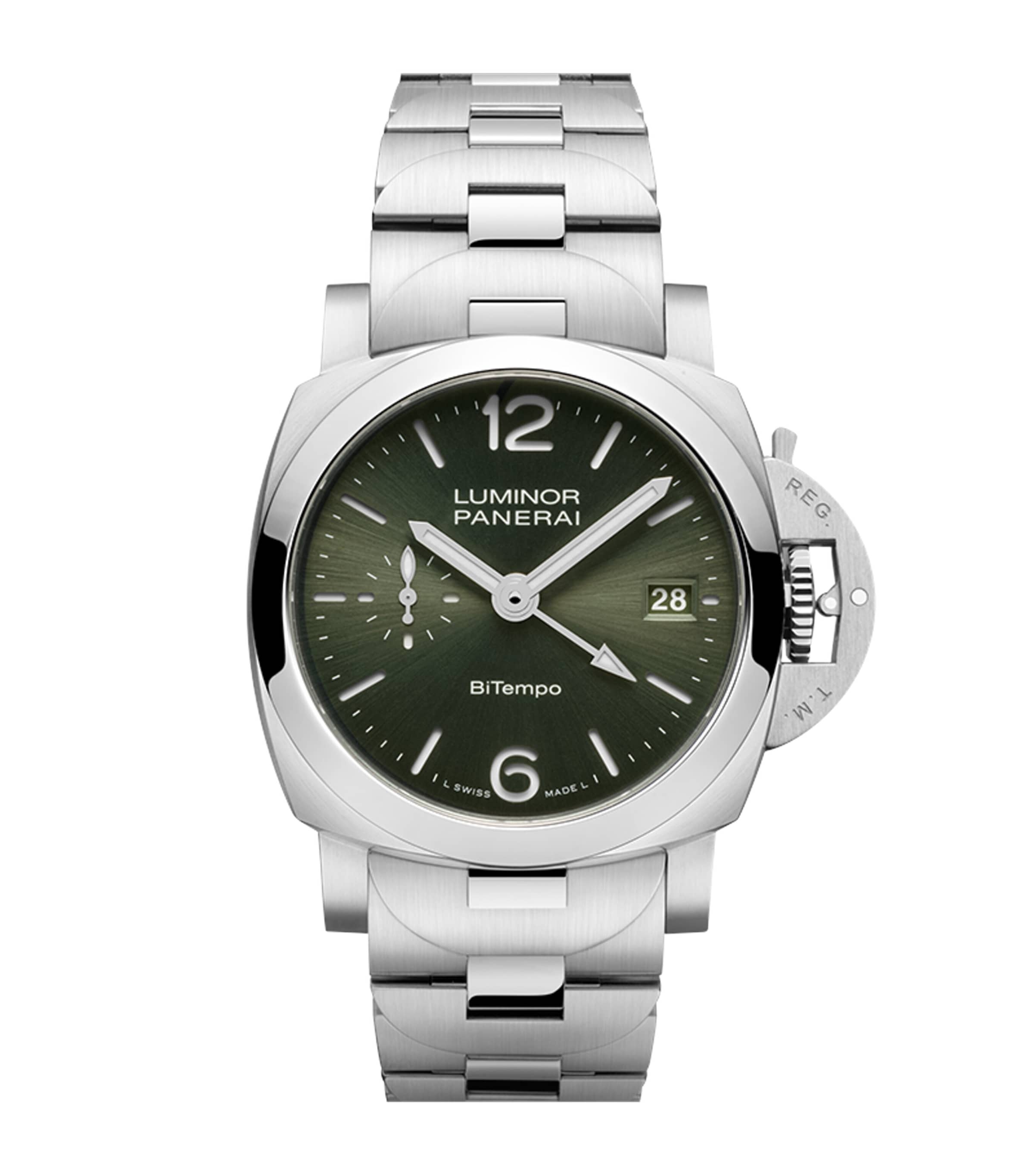 Panerai Brushed Steel Luminor Quaranta BiTempo Watch 40mm Green