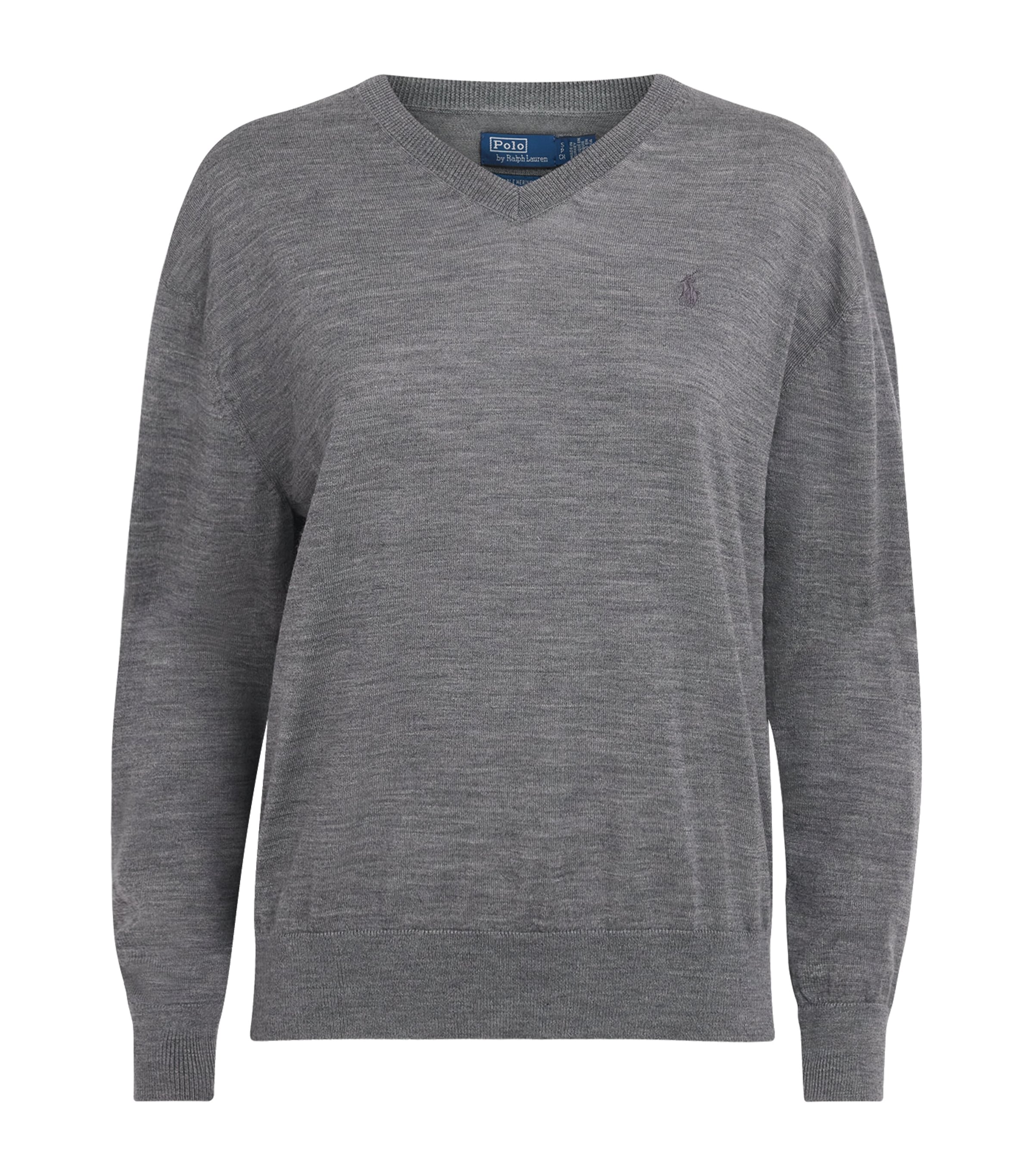 Polo Ralph Lauren Womens Wool V-Neck Sweater Flannel Grey Heather