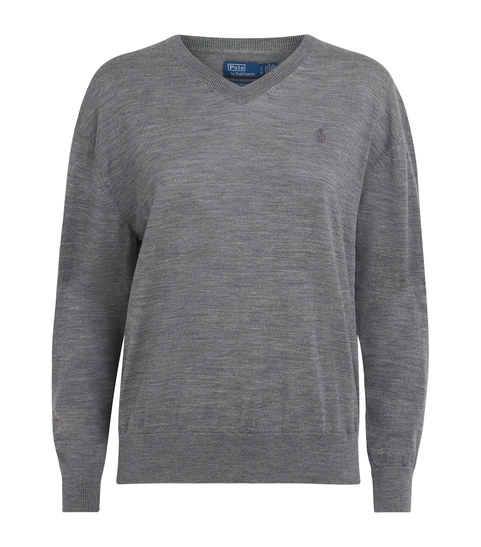 Polo Ralph Lauren Womens Wool V-Neck Sweater Flannel Grey Heather