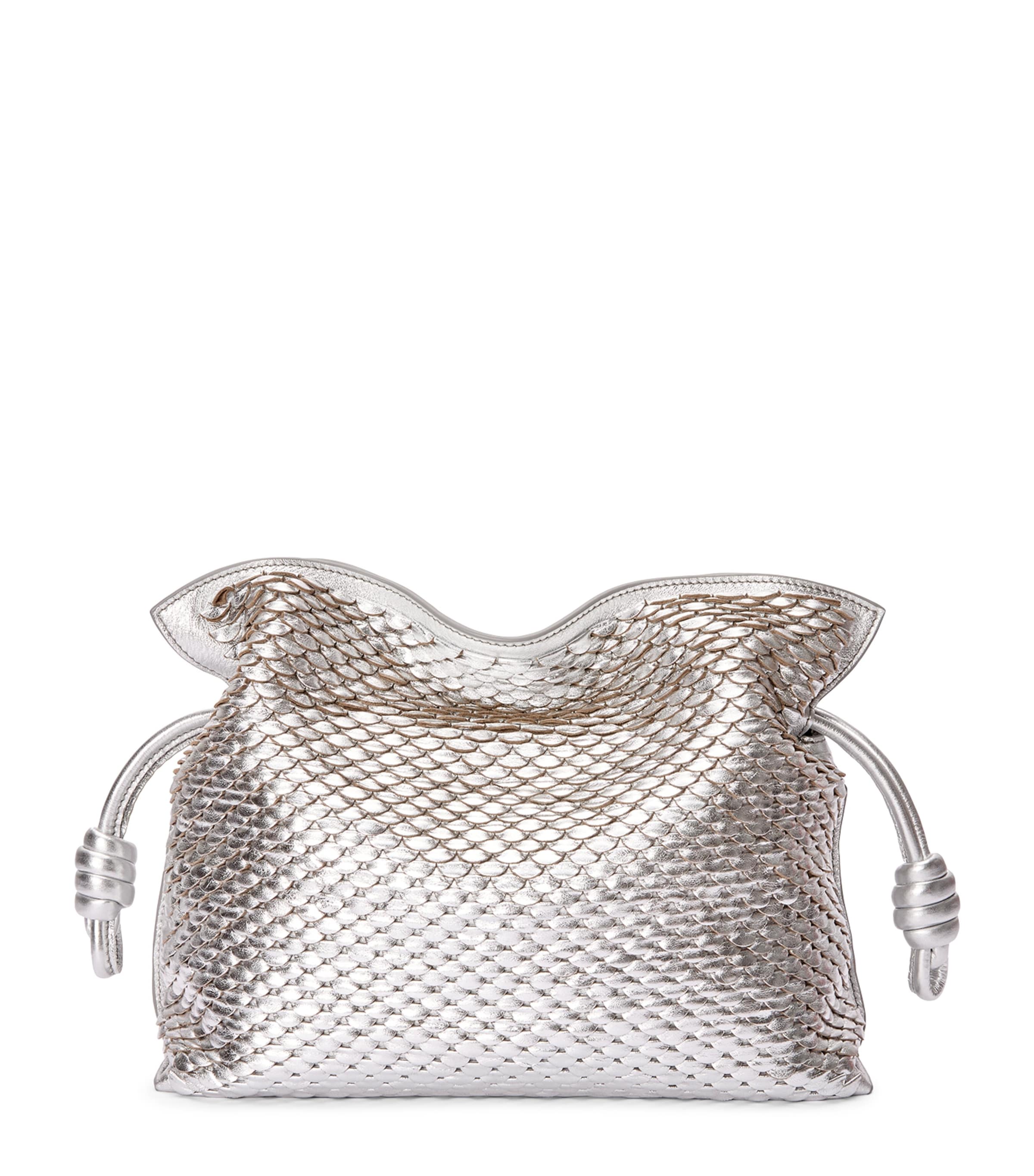LOEWE EXCLUSIVE Medium Leather Scales Flamenco Clutch Silver
