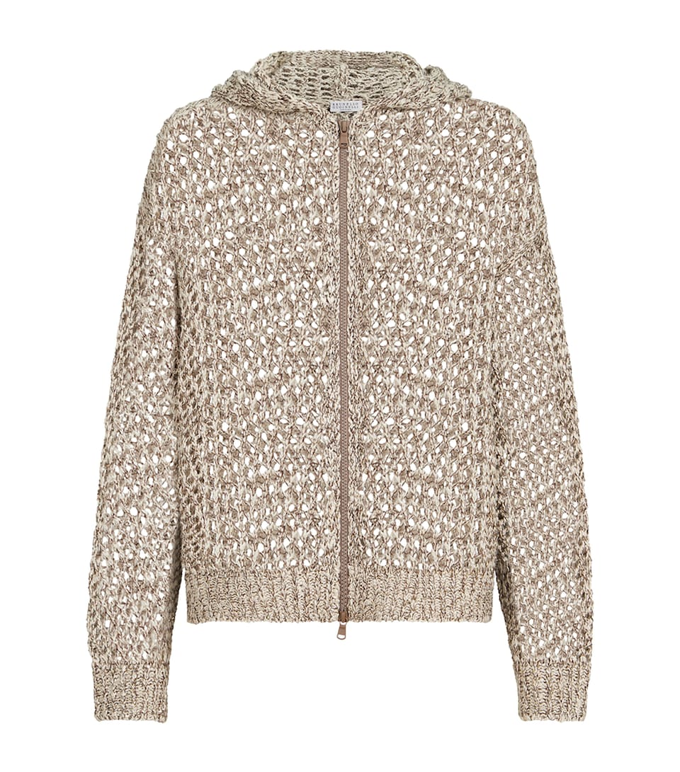 Brunello Cucinelli Womens Chiné Net Zip-Up Hoodie Grey+brown
