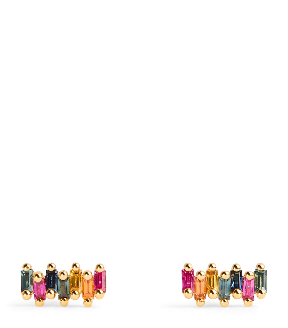 Yellow Gold, Diamond and Sapphire Zigzag Rainbow Stud Earrings