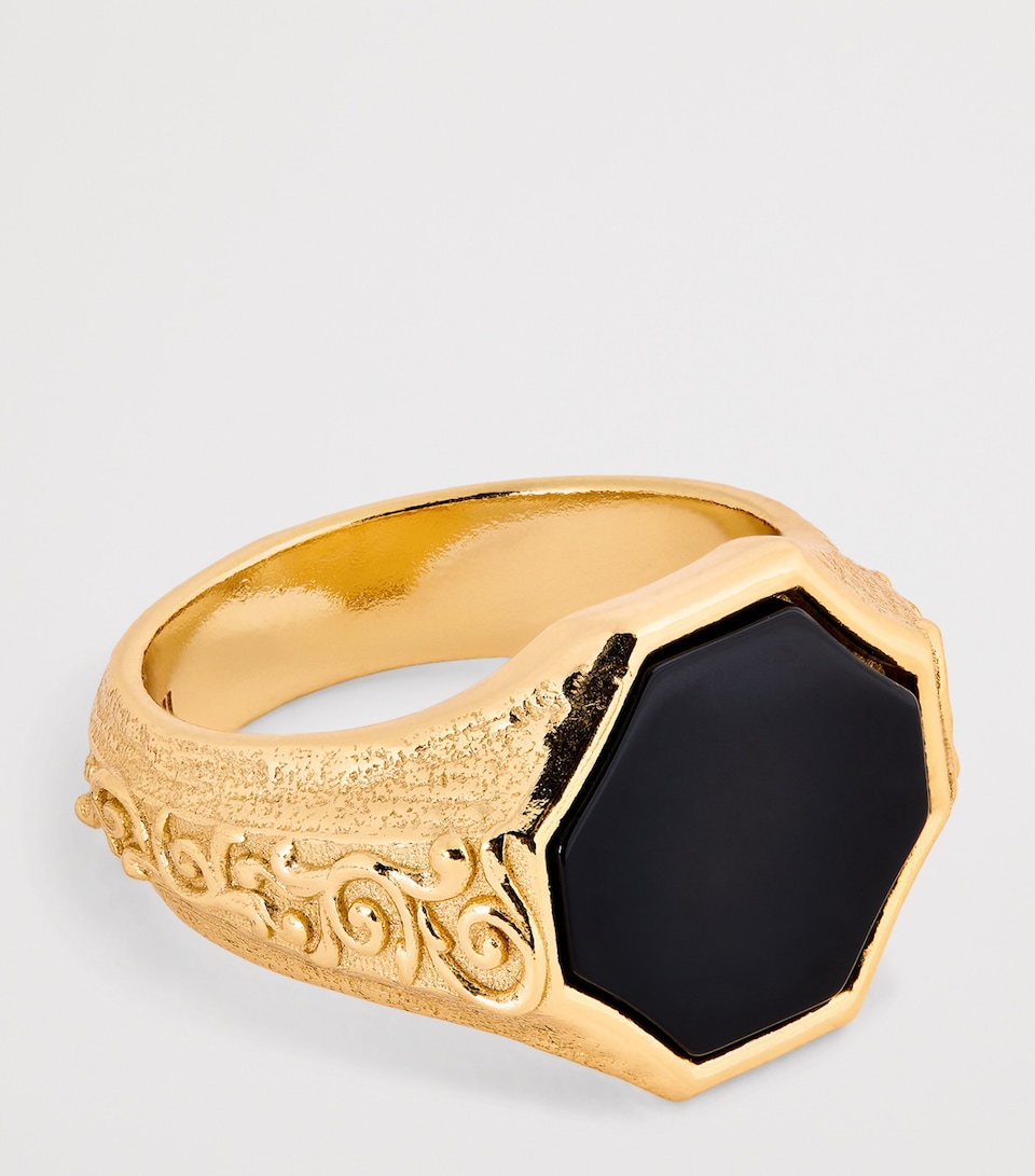 Gold-Plated Sterling Silver and Onyx Flourish Signet Ring