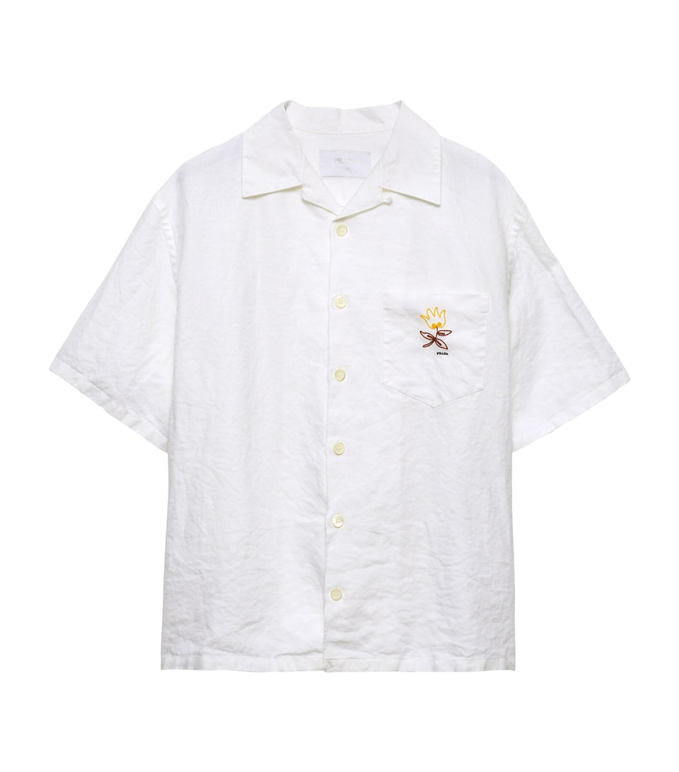 Prada Mens Linen Embroidered Oversized Bowling Shirt White