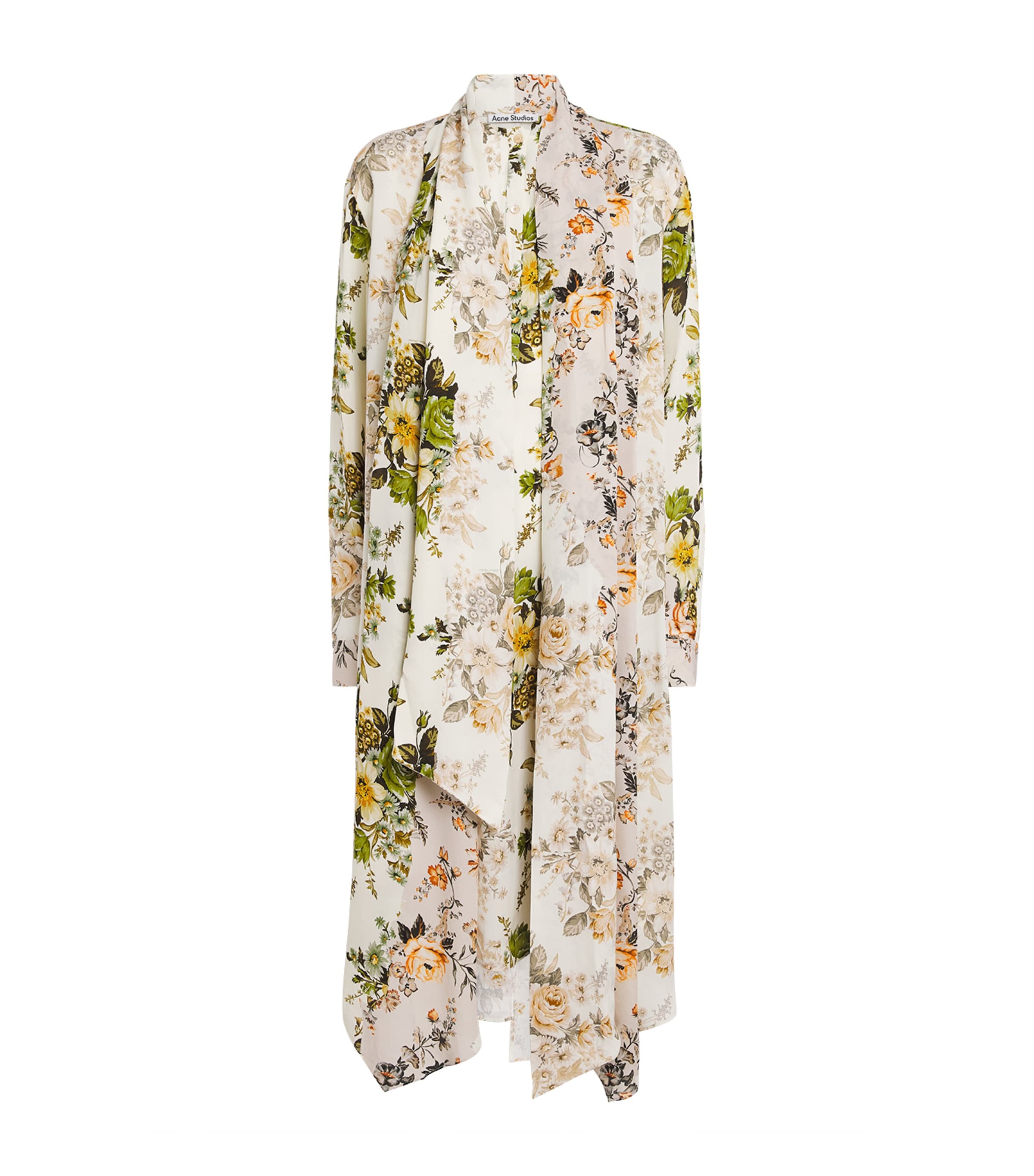 Acne Studios Womens Silk Floral Tie-Neck Midi Dress Beige/white
