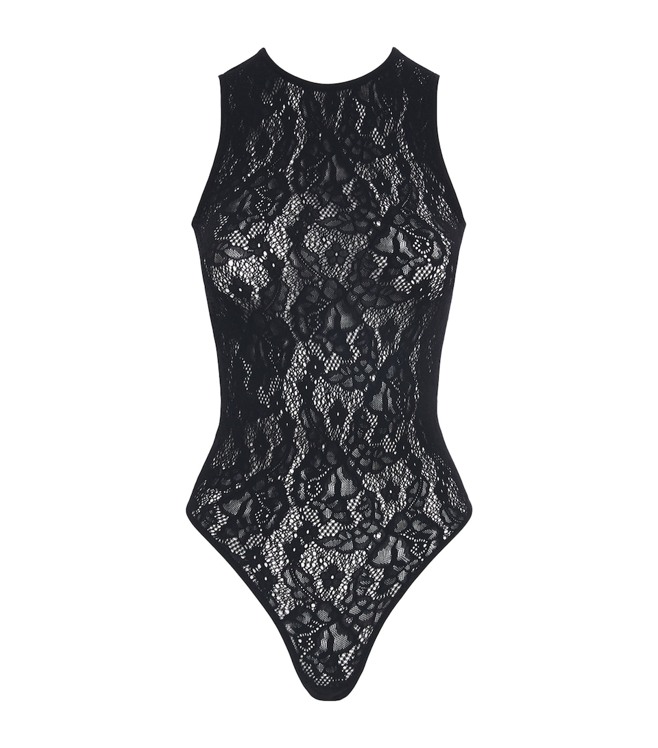 Wolford Womens Infinite Rose Net Bodysuit Black