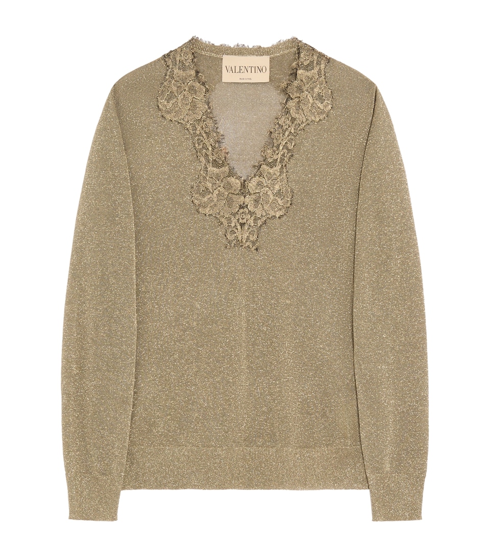 Valentino Womens Lace-Trim V-Neck Sweater
