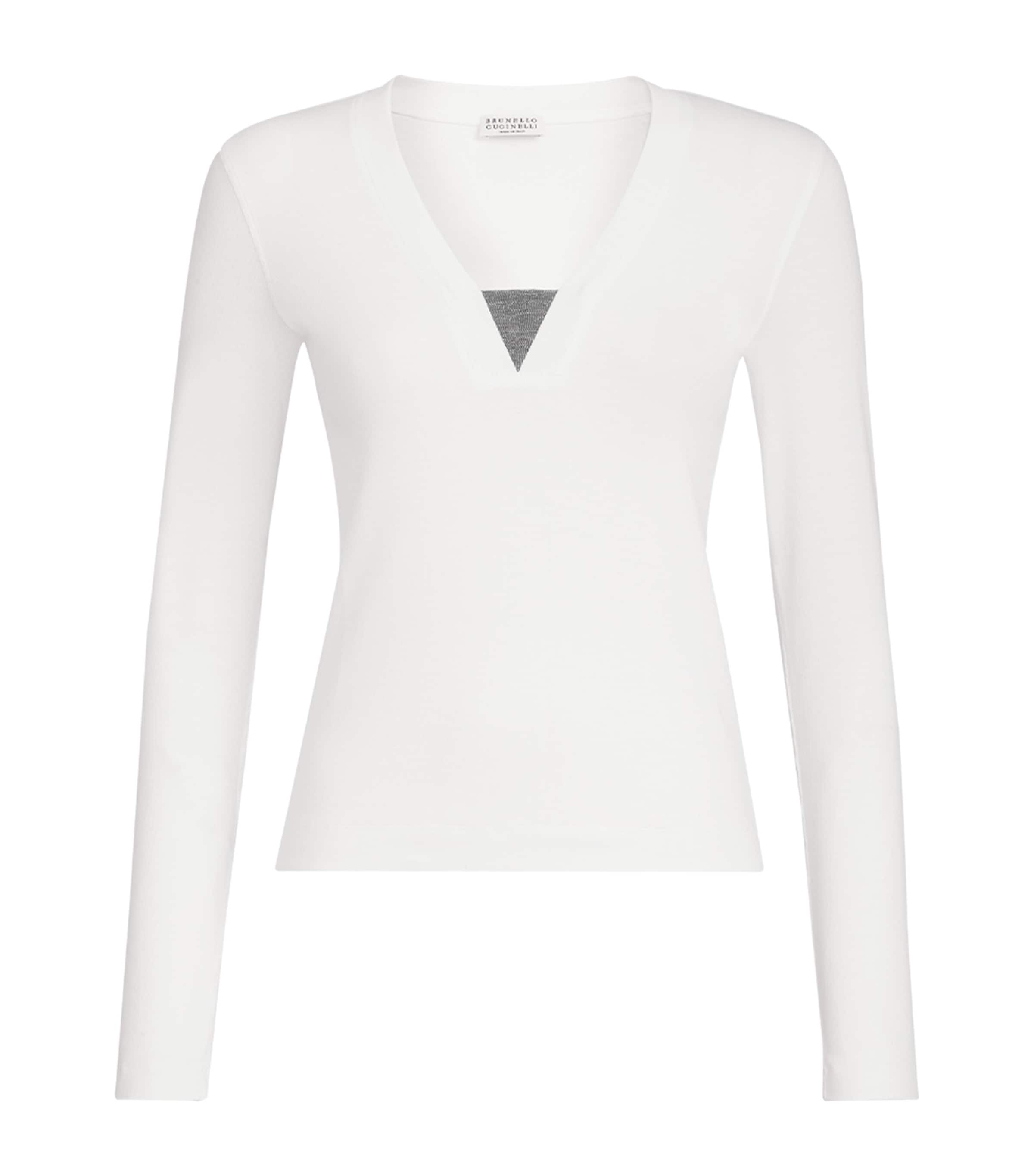 Brunello Cucinelli Womens Monili Long-Sleeve V-Neck T-Shirt White
