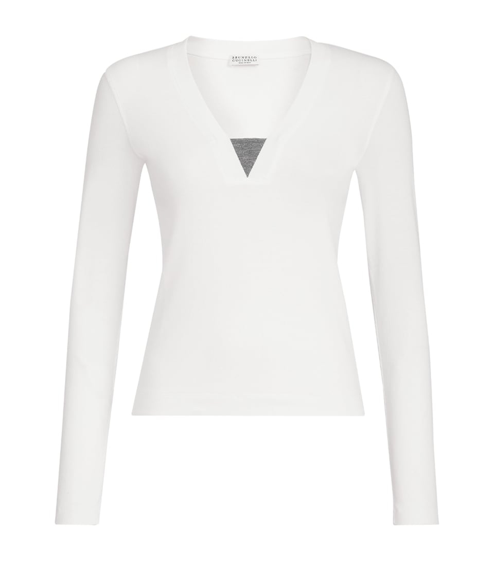 Brunello Cucinelli Womens Monili Long-Sleeve V-Neck T-Shirt White