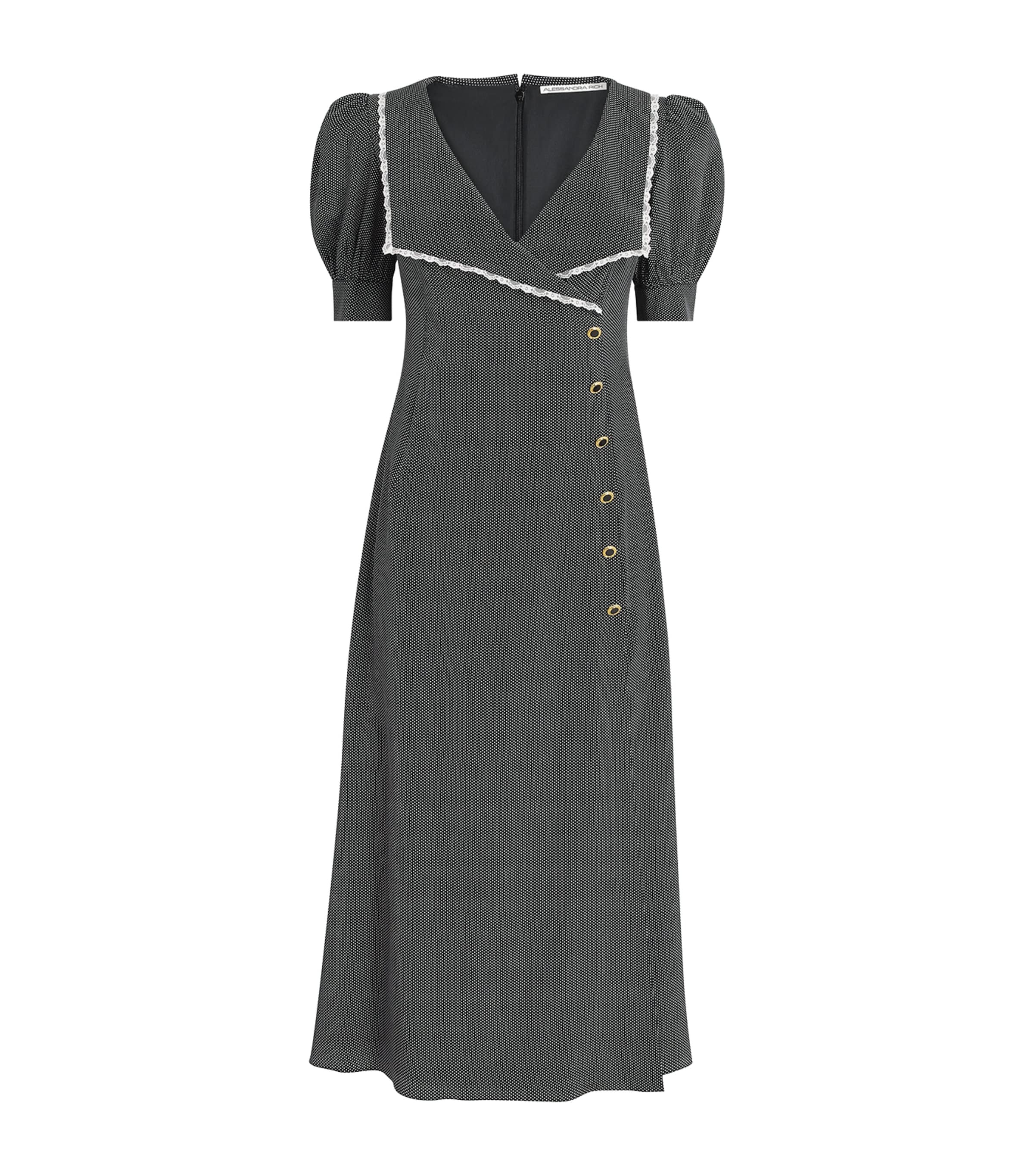 Alessandra Rich Womens Silk Polka Dot Midi Dress Black White