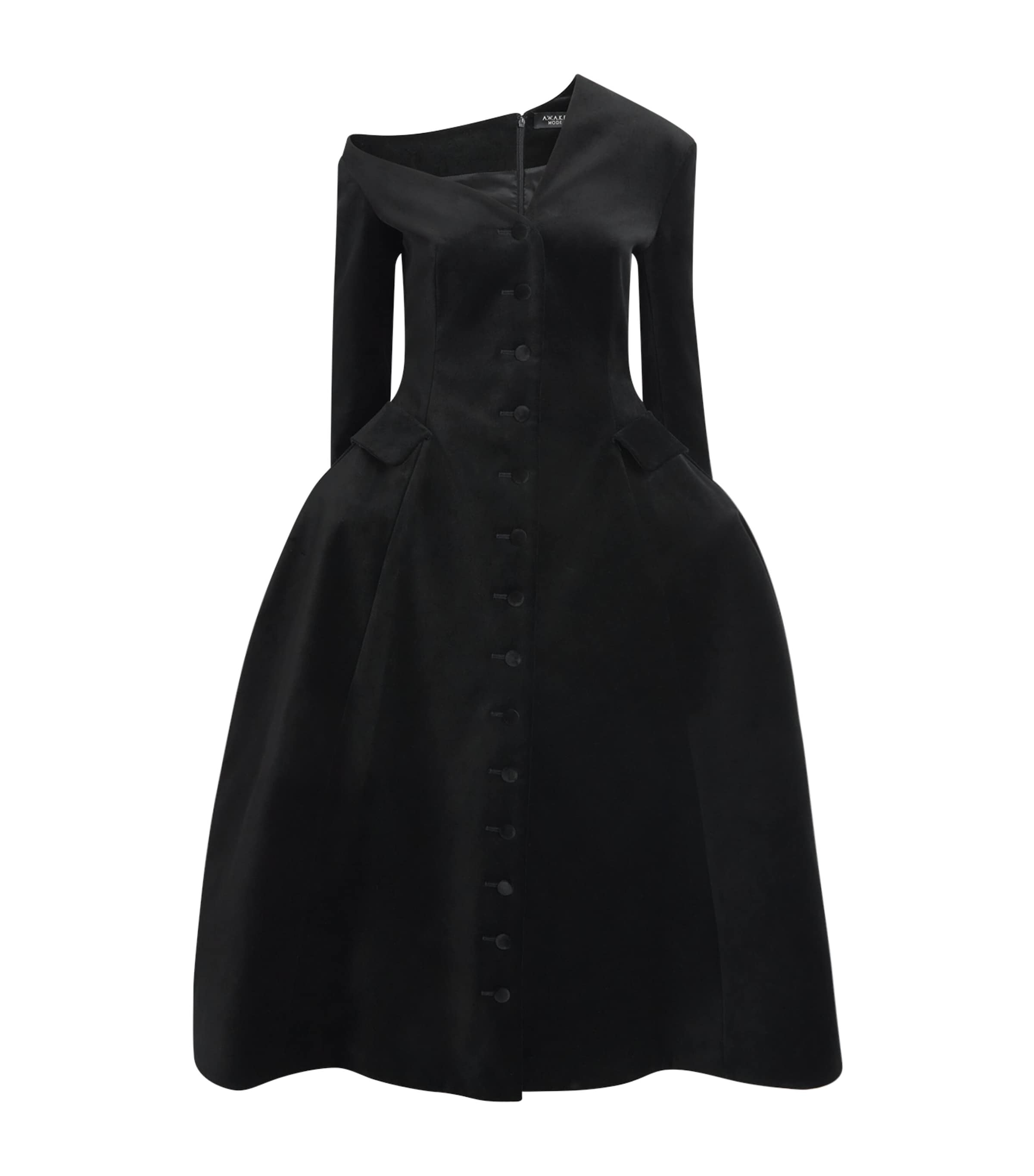 A.W.A.K.E. Mode Womens Velvet Asymmetric Midi Dress Black