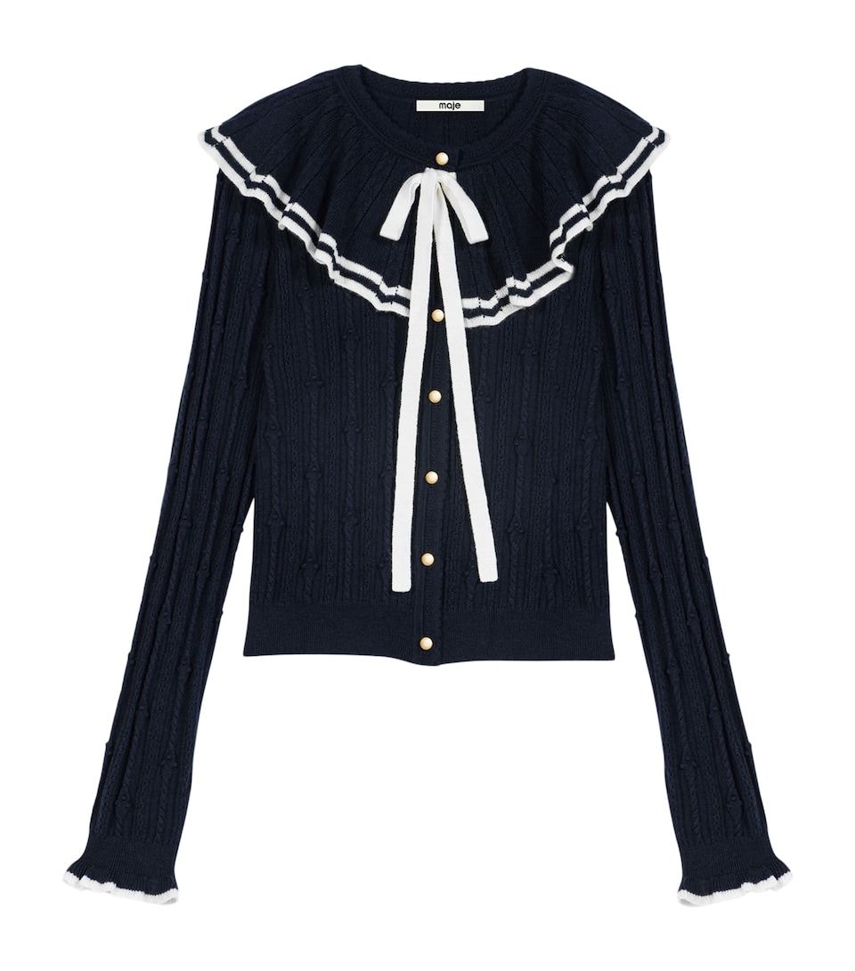 Maje Womens Knitted Ruffle-Collar Cardigan Navy