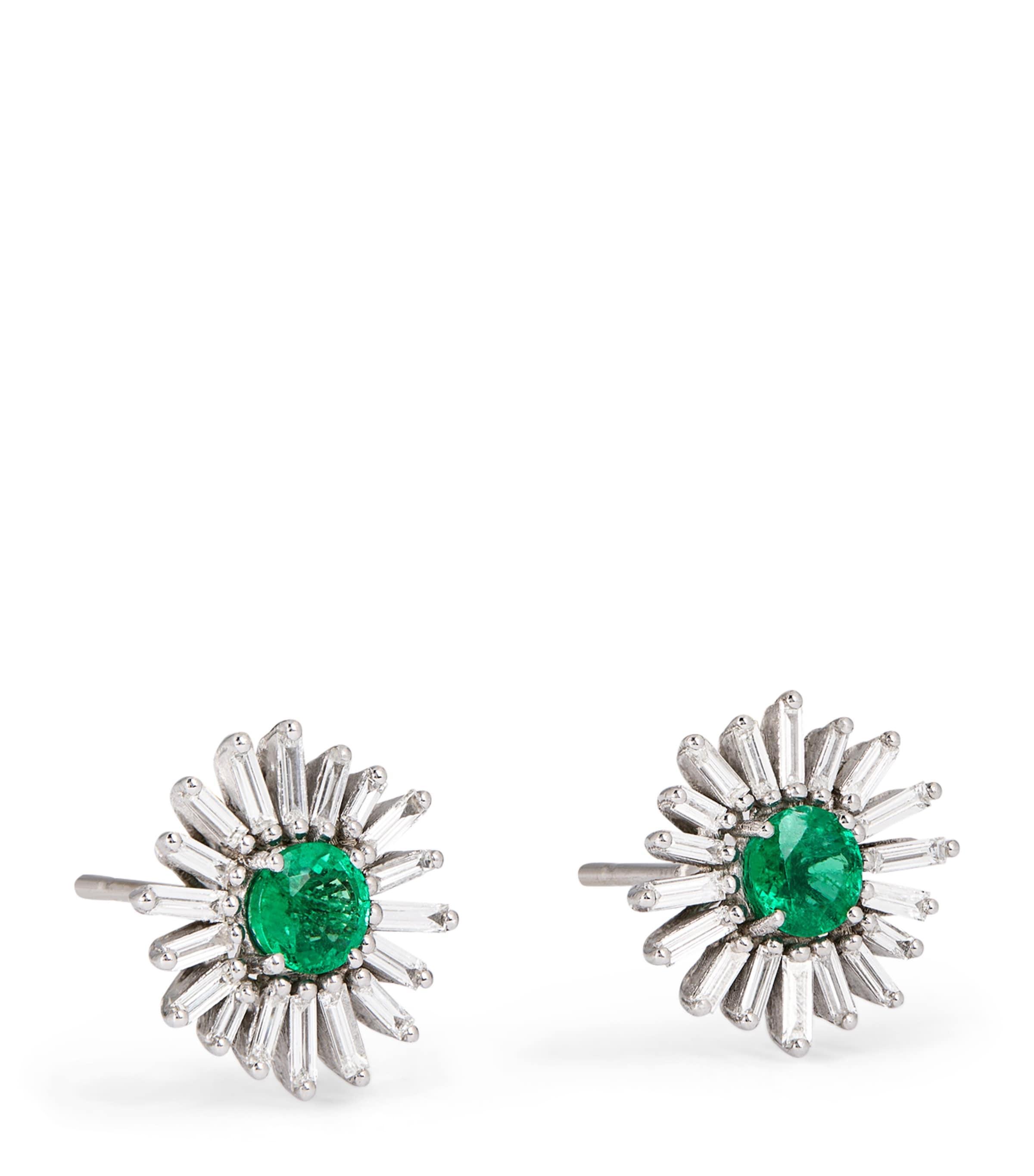 White Gold, Diamond and Emerald One of a Kind Flower Earrings