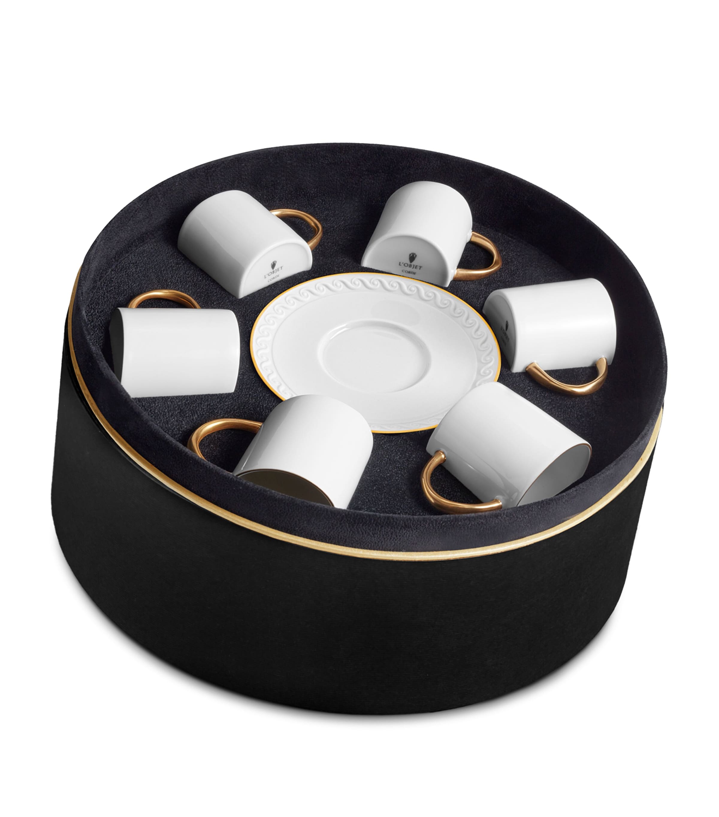 L'Objet Set of 6 Porcelain and Gold Neptune Espresso Cup and Saucers Gold