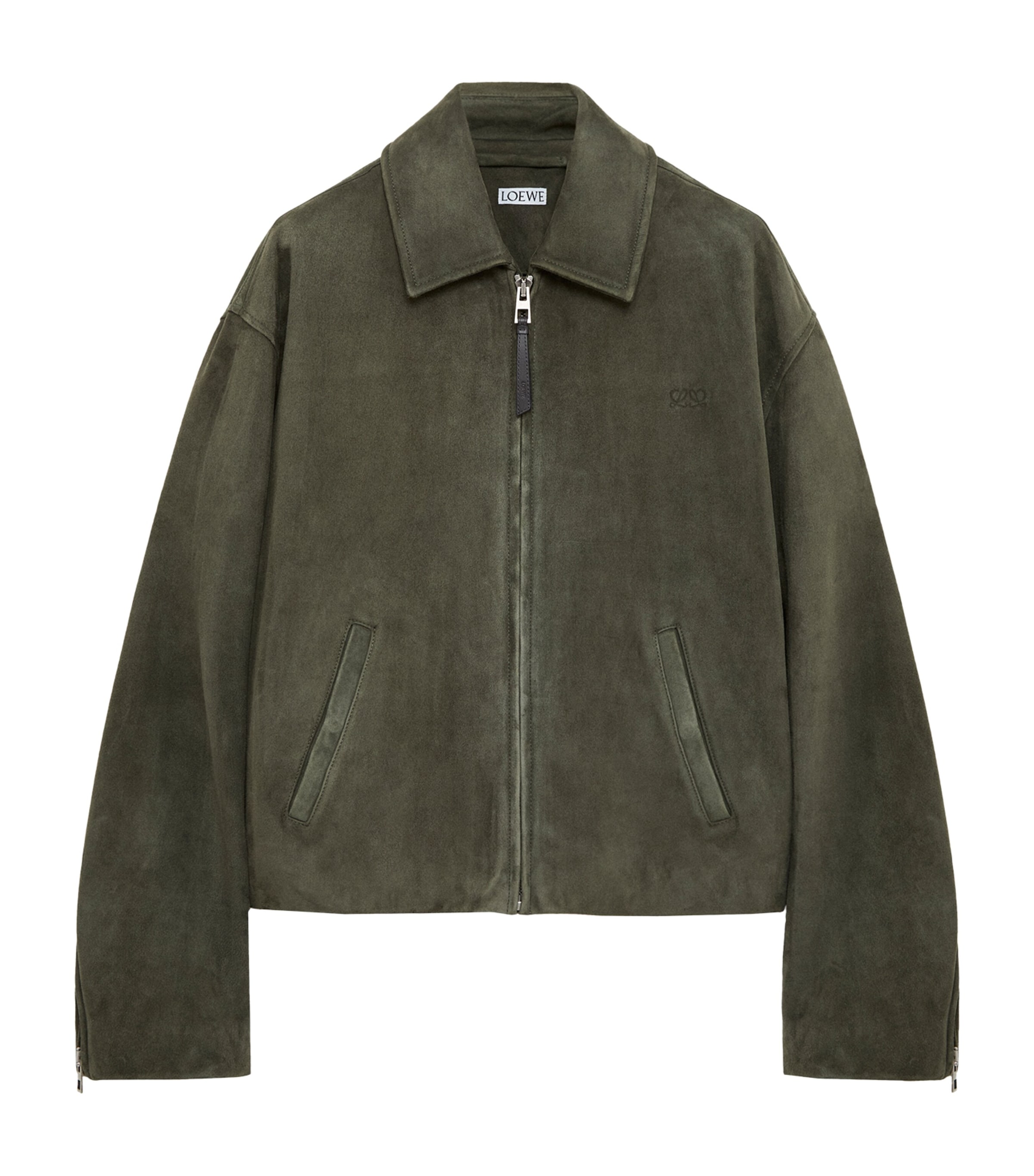 LOEWE Mens Suede Zip-Up Jacket Khaki Green