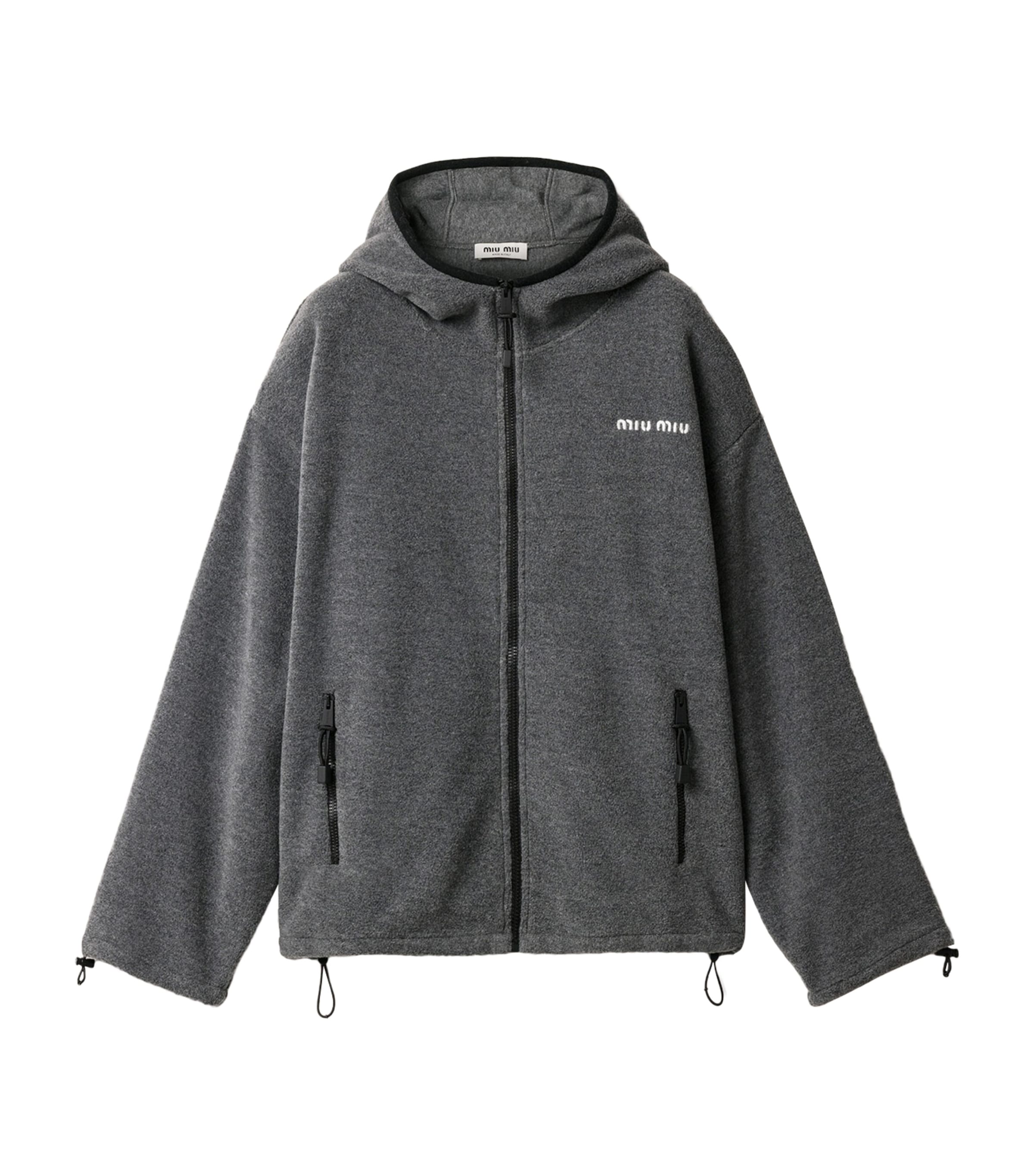 Miu Miu Womens Fleece Zip-Up Hooded Jacket Grey