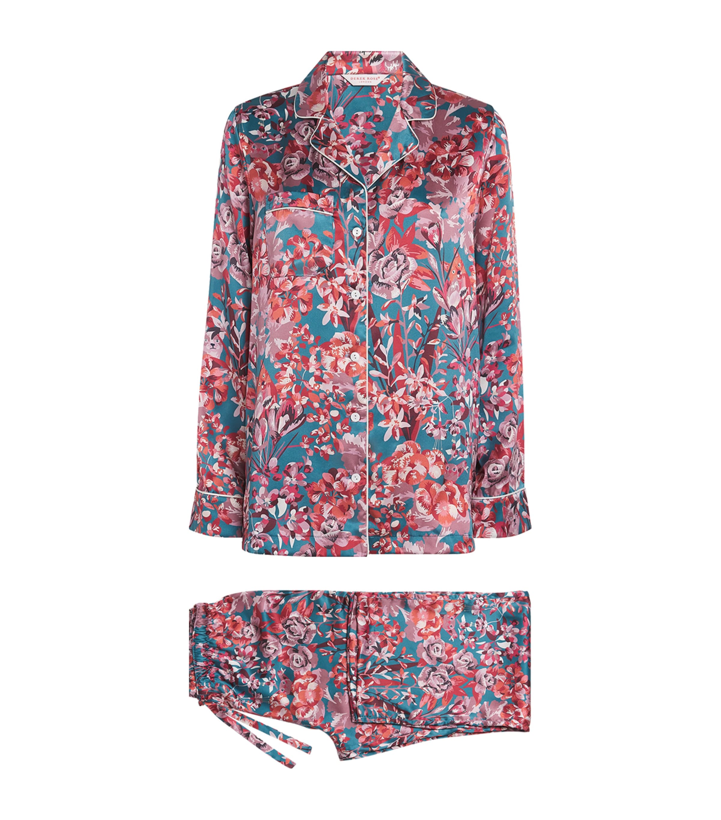 Derek Rose Womens Silk Floral Long Pyjama Set Teal