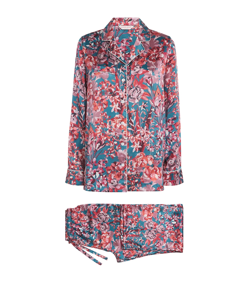 Derek Rose Womens Silk Floral Long Pyjama Set Teal