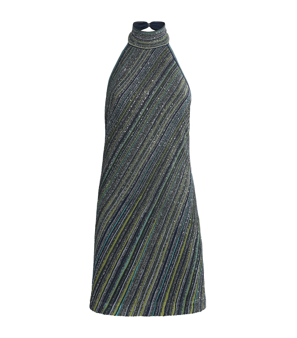 Missoni Womens Stripe Halterneck Mini Dress Green Tones