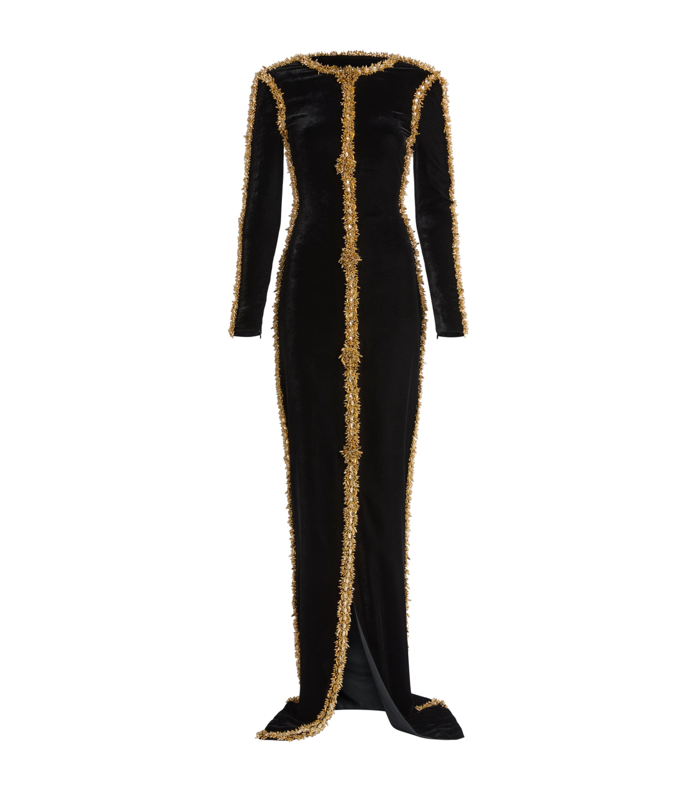 Balmain Womens Velvet Beaded-Trim Maxi Dress Ead Noir Or