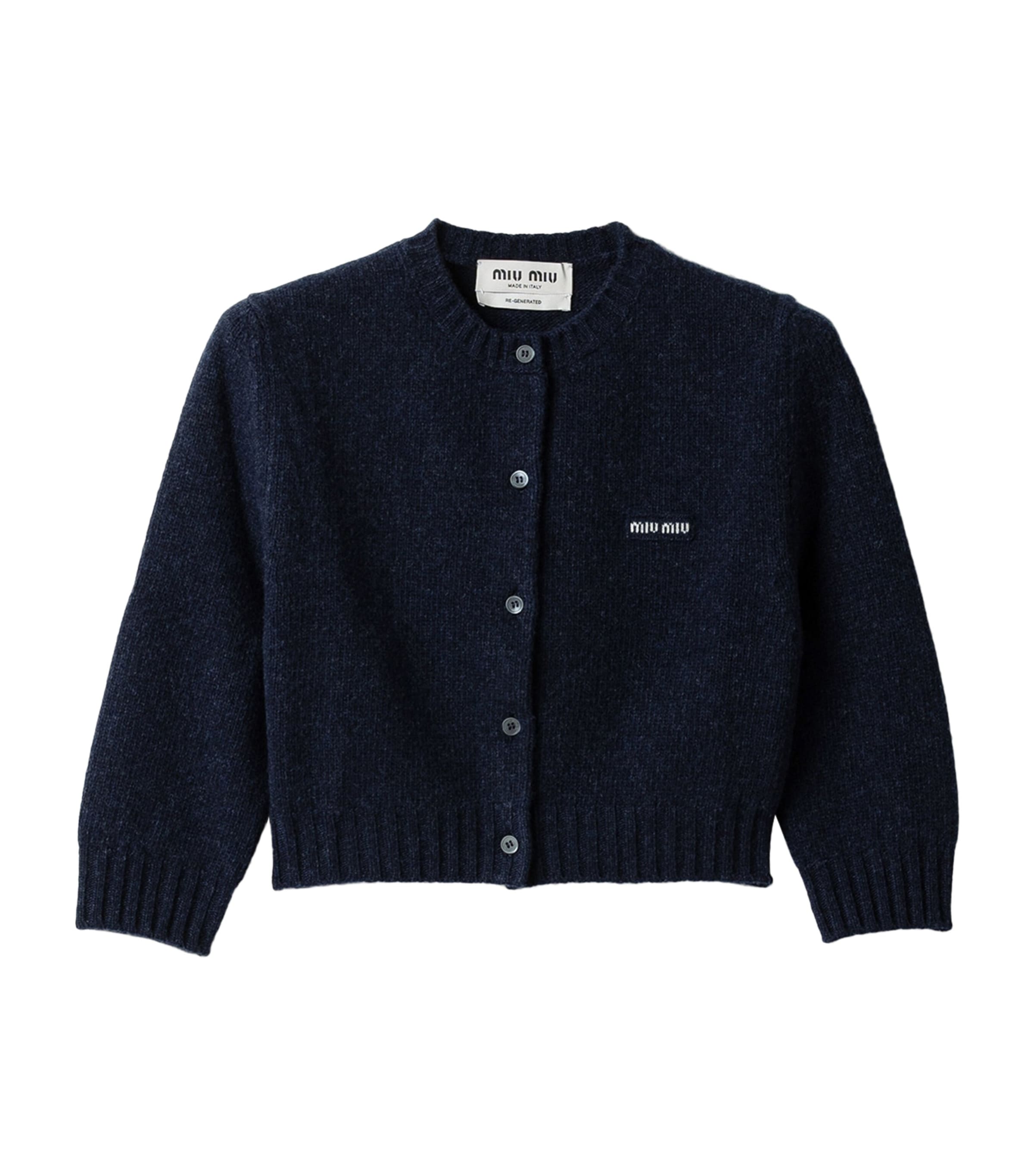 Miu Miu Womens Wool-Cashmere Cropped Cardigan Blue