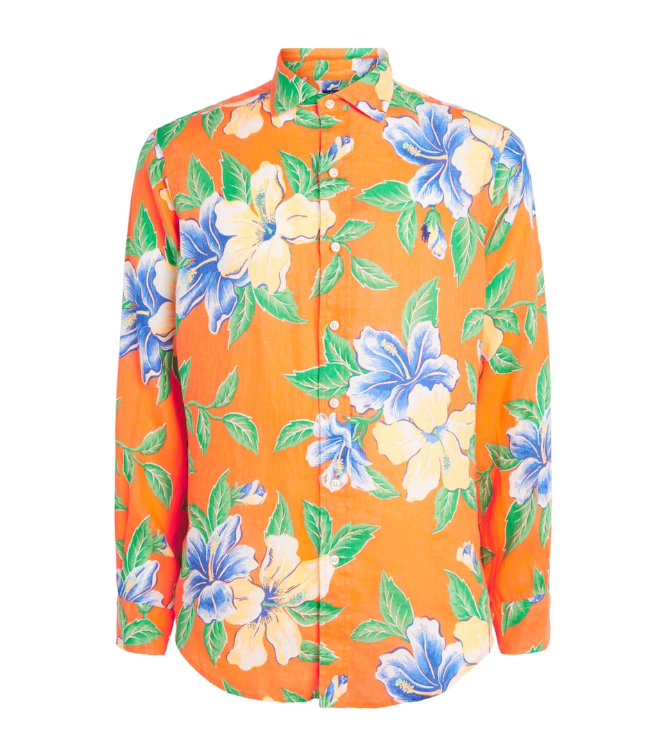Polo Ralph Lauren Mens Linen Tropical Floral Print Shirt Orange Hibiscs