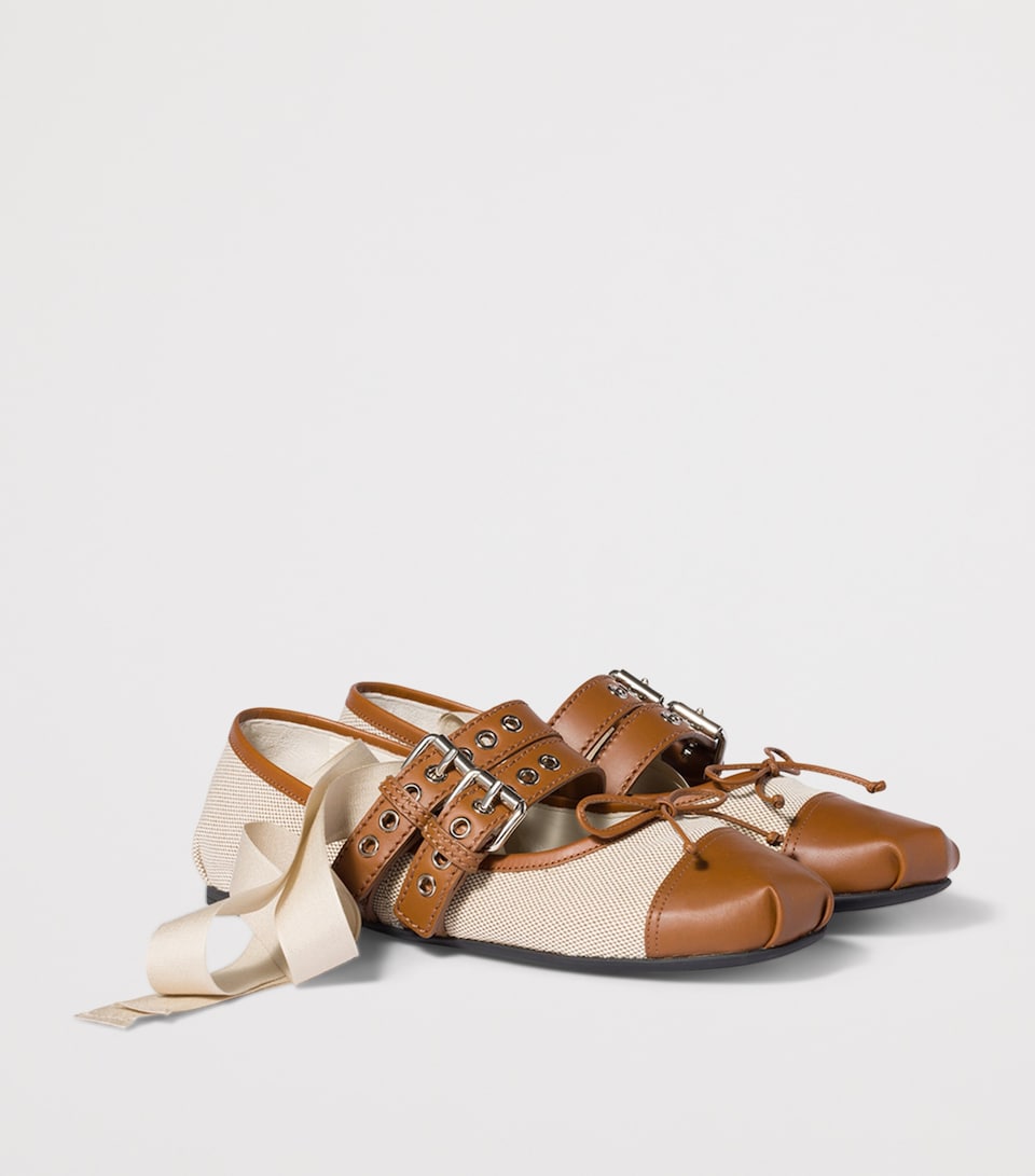 Canvas Leather-Strap Ballet Flats