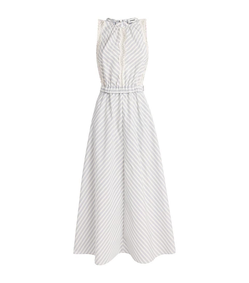 Sandro Paris Womens Cotton Stripe Embroidered Midi Dress Ecru / Bleu