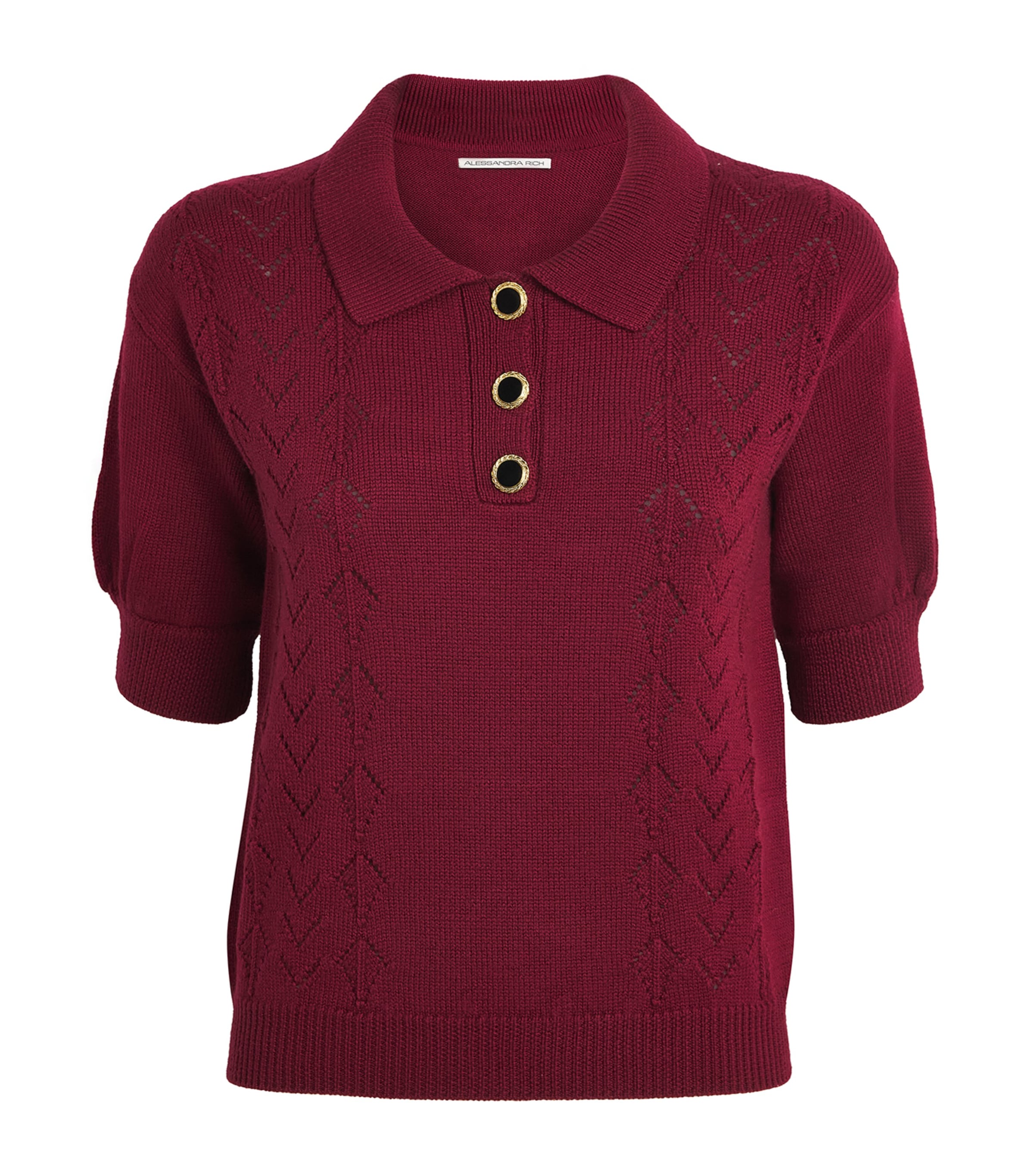 Alessandra Rich Womens Virgin Wool Open-Knit Polo Shirt Bordeaux