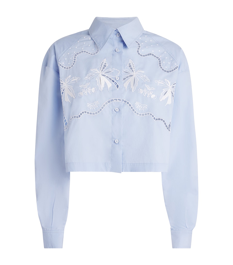 Sandro Paris Womens Cotton Embroidered Open-Work Shirt Sky Blue