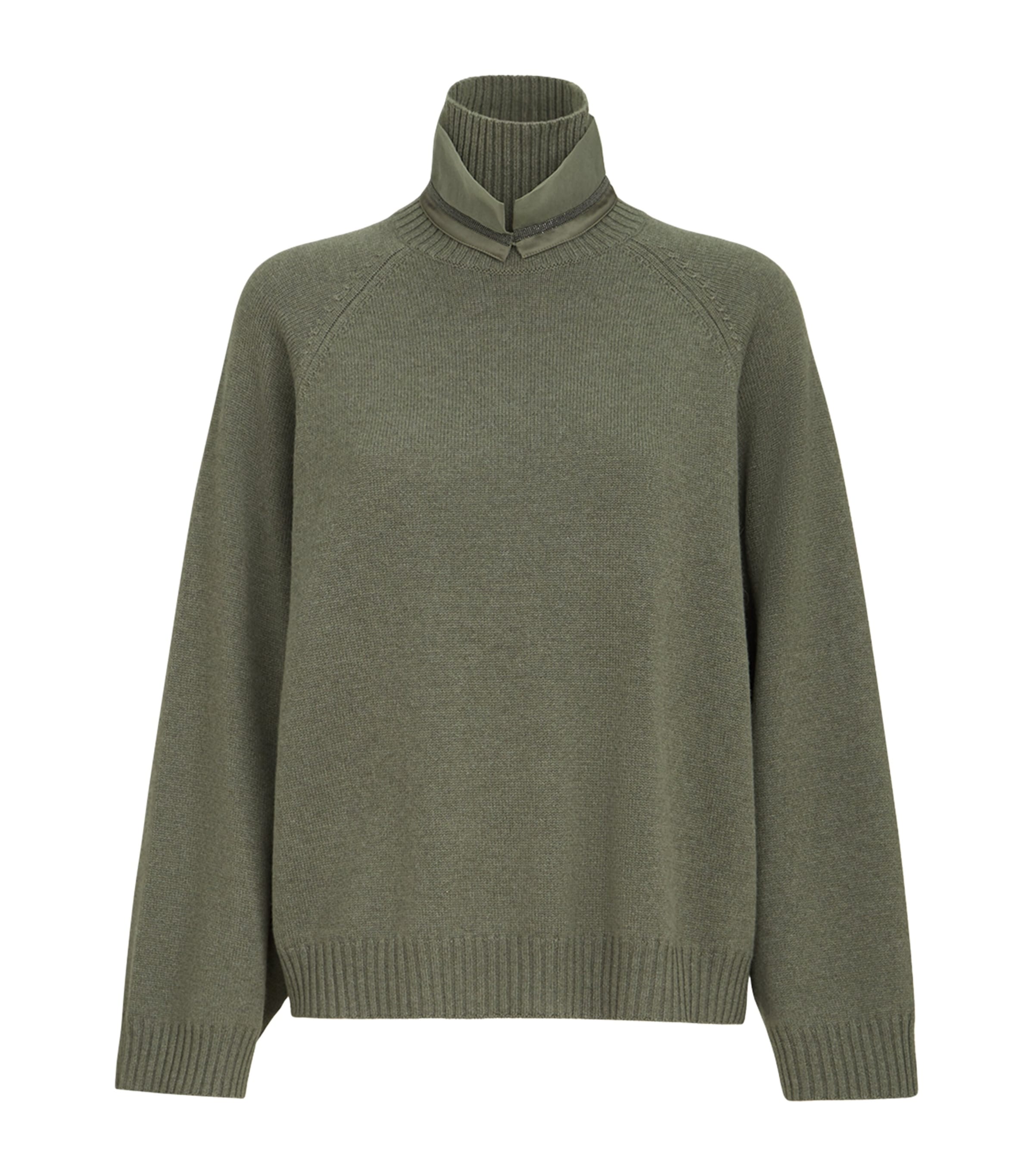 Brunello Cucinelli Womens Cashmere Silk Organza Collar Rollneck Sweater Dark Green