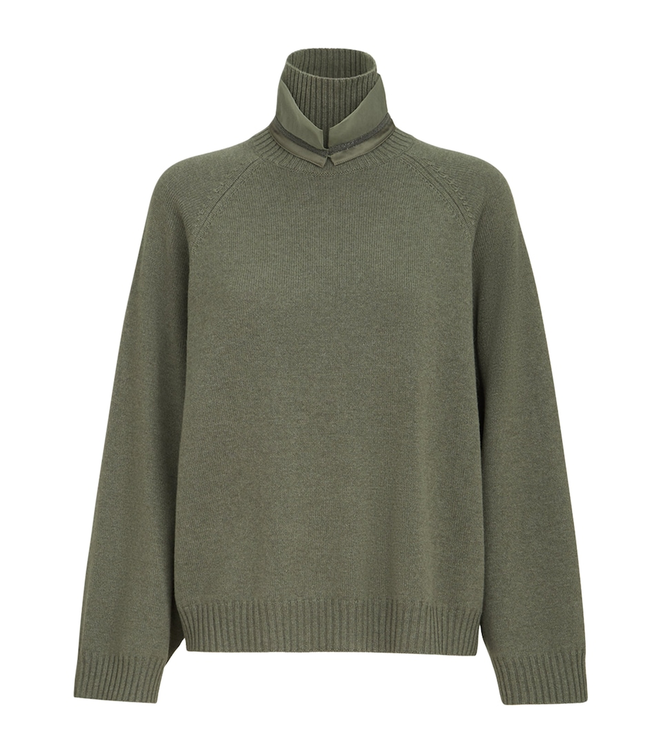 Brunello Cucinelli Womens Cashmere Silk Organza Collar Rollneck Sweater Dark Green