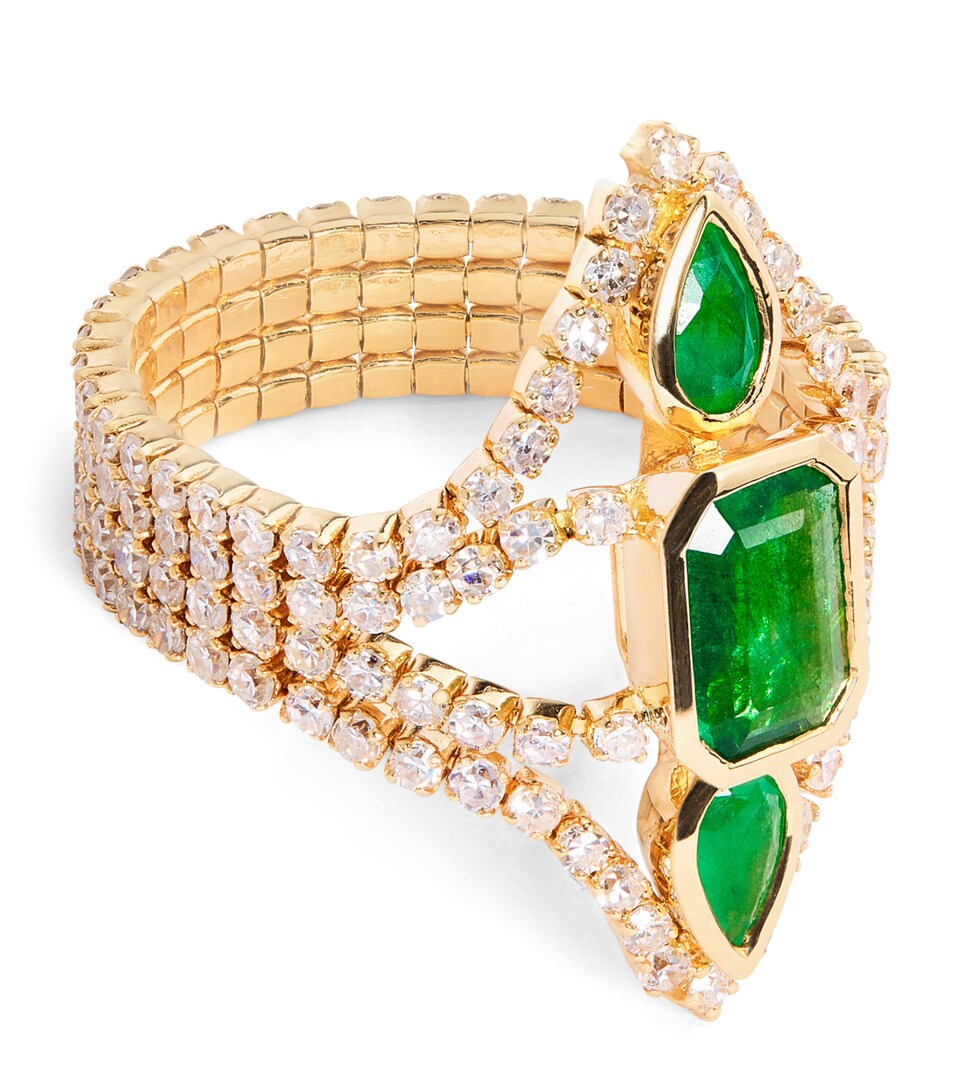 Yellow Gold, Diamond and Emerald Deco Stacked Thread Ring