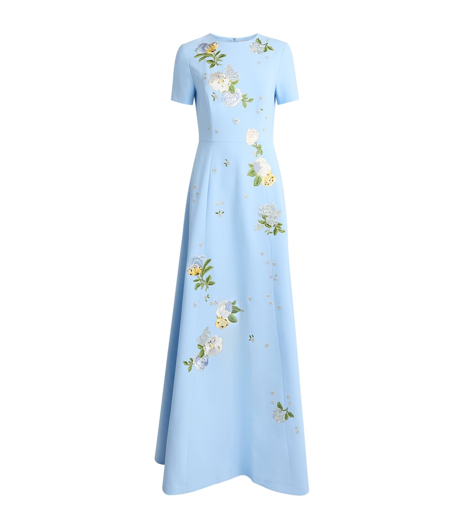 Carolina Herrera Womens Crepe Floral Embroidered Gown Cloudy Blue