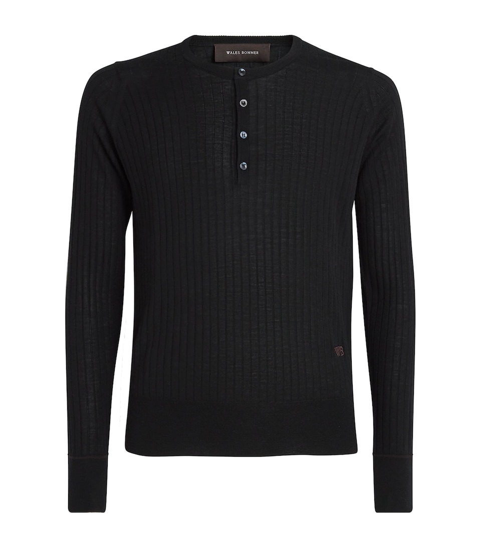 Wales Bonner Mens Wool-Cotton Nile Henley Top Black / Dark Brown