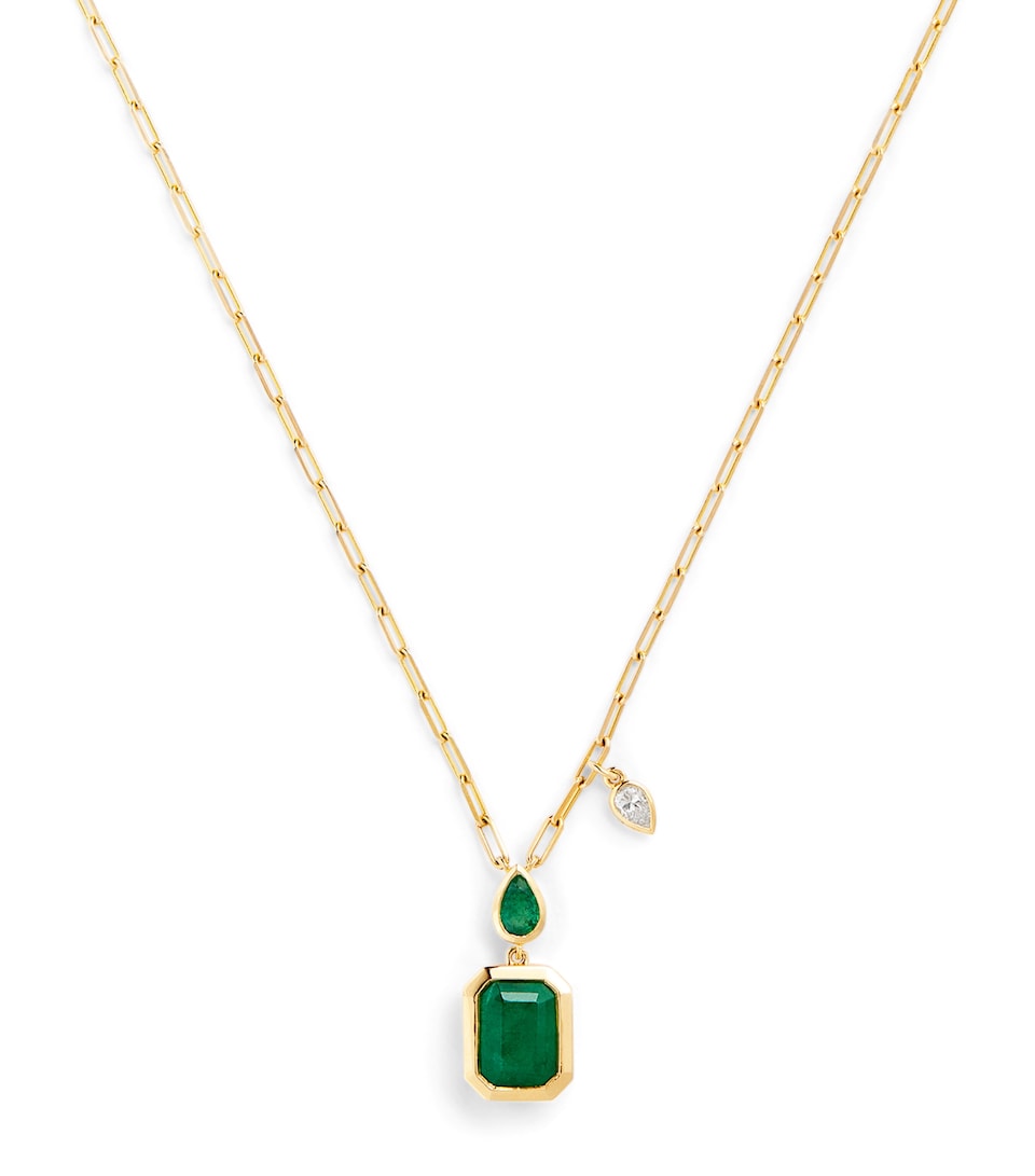 Yellow Gold, Emerald and Diamond Double Drop Necklace
