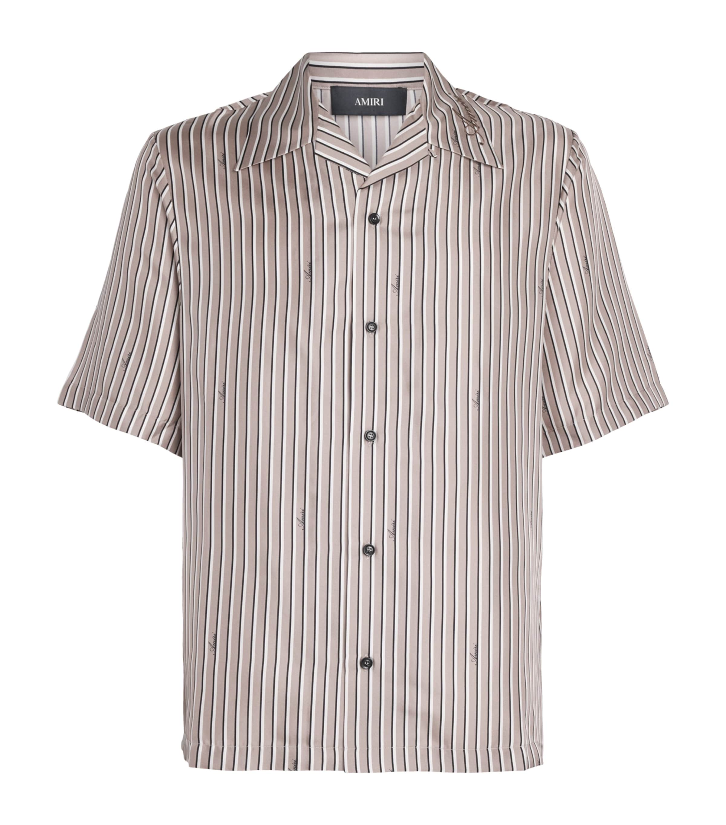 AMIRI Mens Silk Stripe Script Shirt Mocha