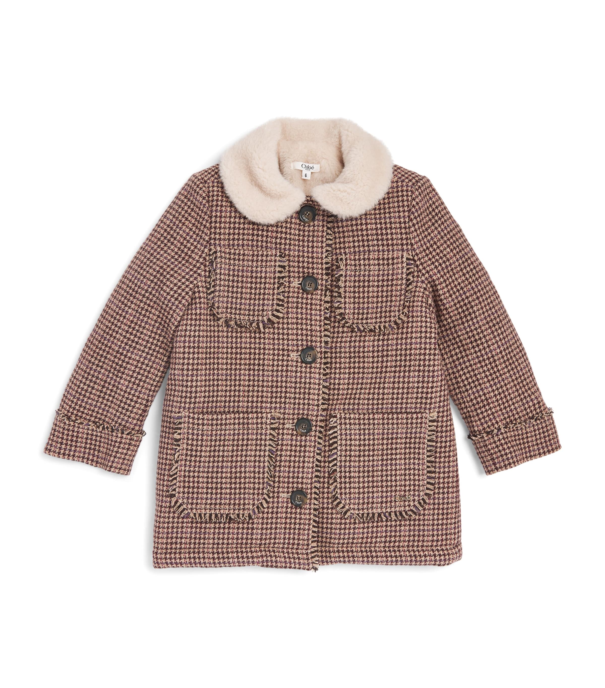 Chloé Kids Wool Houndstooth Trench Coat (4-14 Years) Stone Choc Vbr