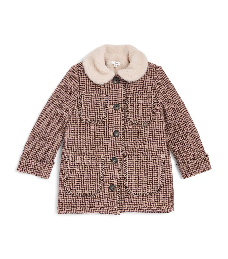 Chloé Kids Wool Houndstooth Trench Coat (4-14 Years) Stone Choc Vbr