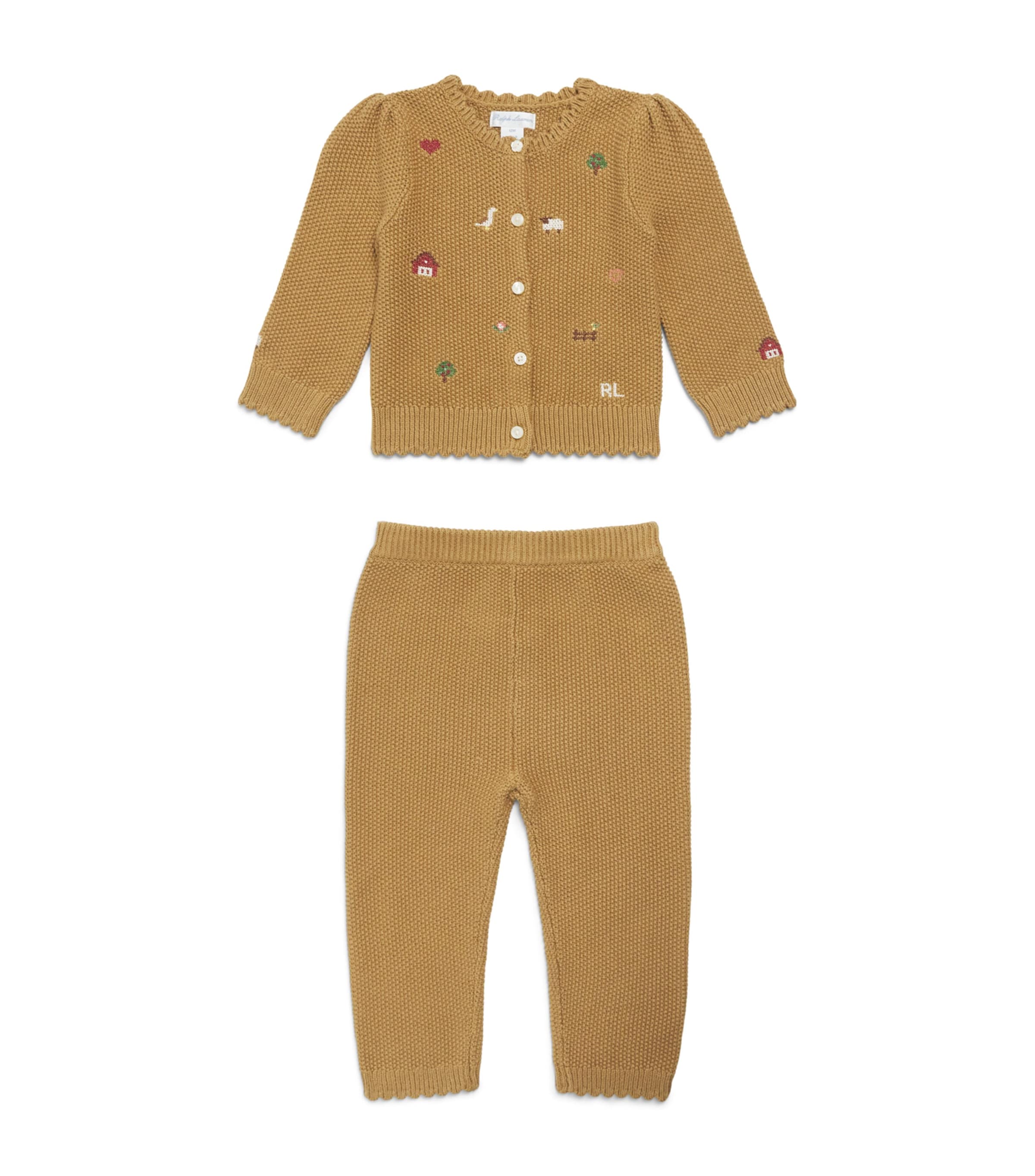 Ralph Lauren Kids Cotton Embroidered Cardigan and Bottoms Set (3-24 Months) Berkshire Tan